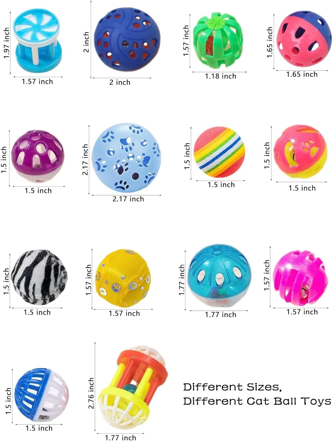 Classic Cat Toys for Indoor Cats, 10 Pcs, 1.5''~2.2'', Plastic Cat Ball with Bell to Arouse The Cat's Interest, for All Breed Sizes