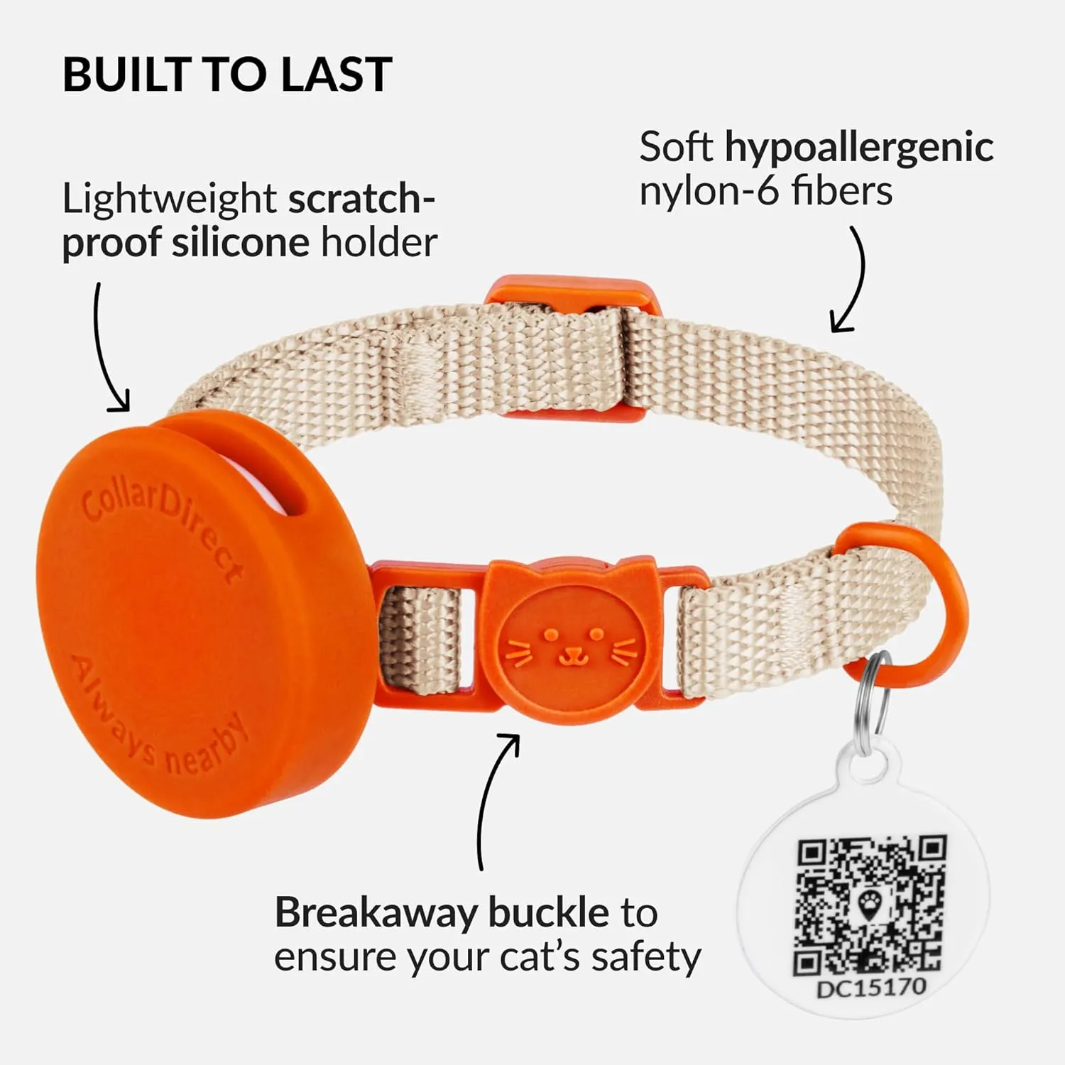 CollarDirect Airtag Cat Collar - Breakaway Nylon Collar with Airtag Holder and ID Tag for Kitten to Big Cat (Orange, S)