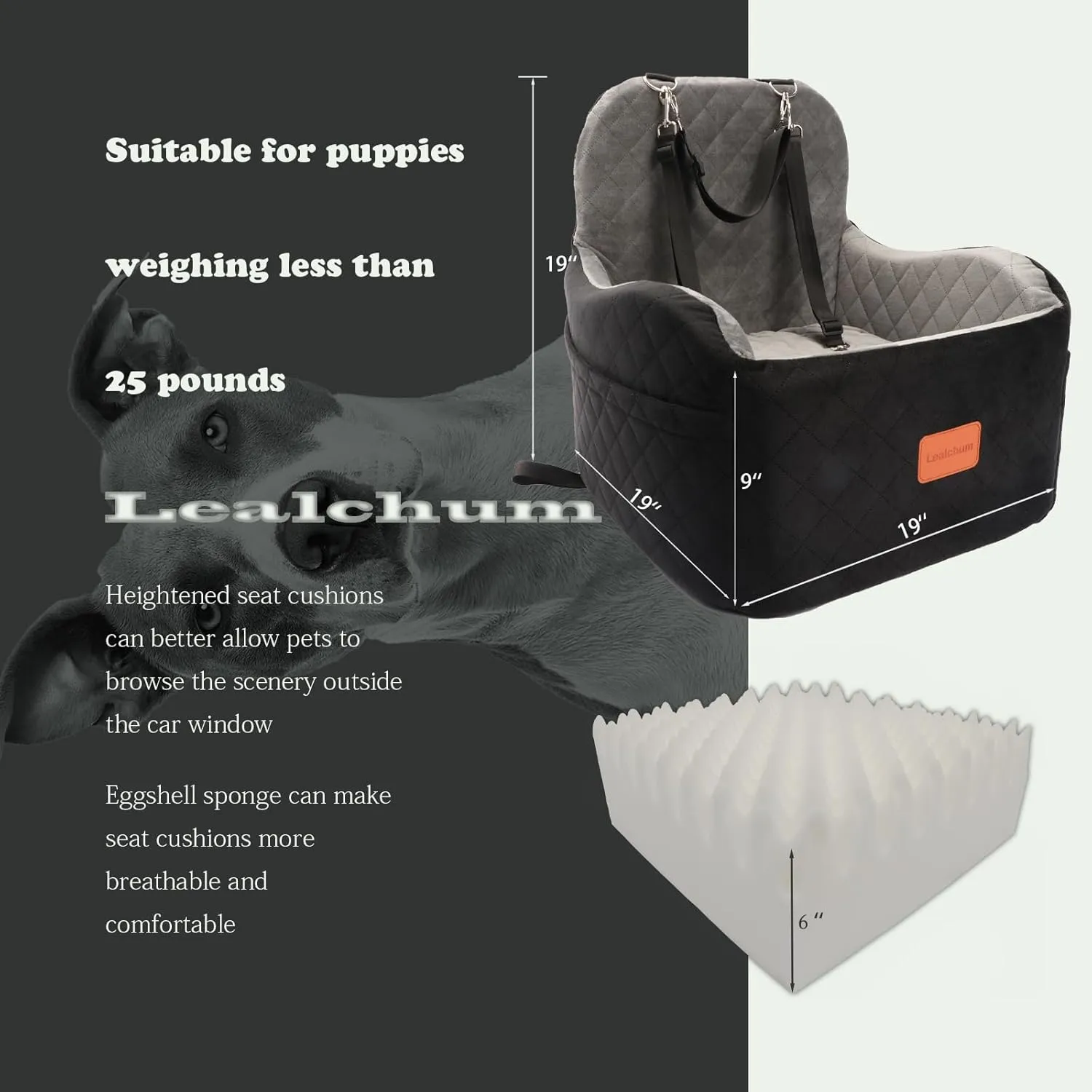 Dog Booster Car Seat for Small/Medium Dogs,6in Memory Foam Elevated Cushion,Fully Detachable and Washable,2 Clip-On Safety Leashes,Anti-Slip Base(Black/Grey,Medium)