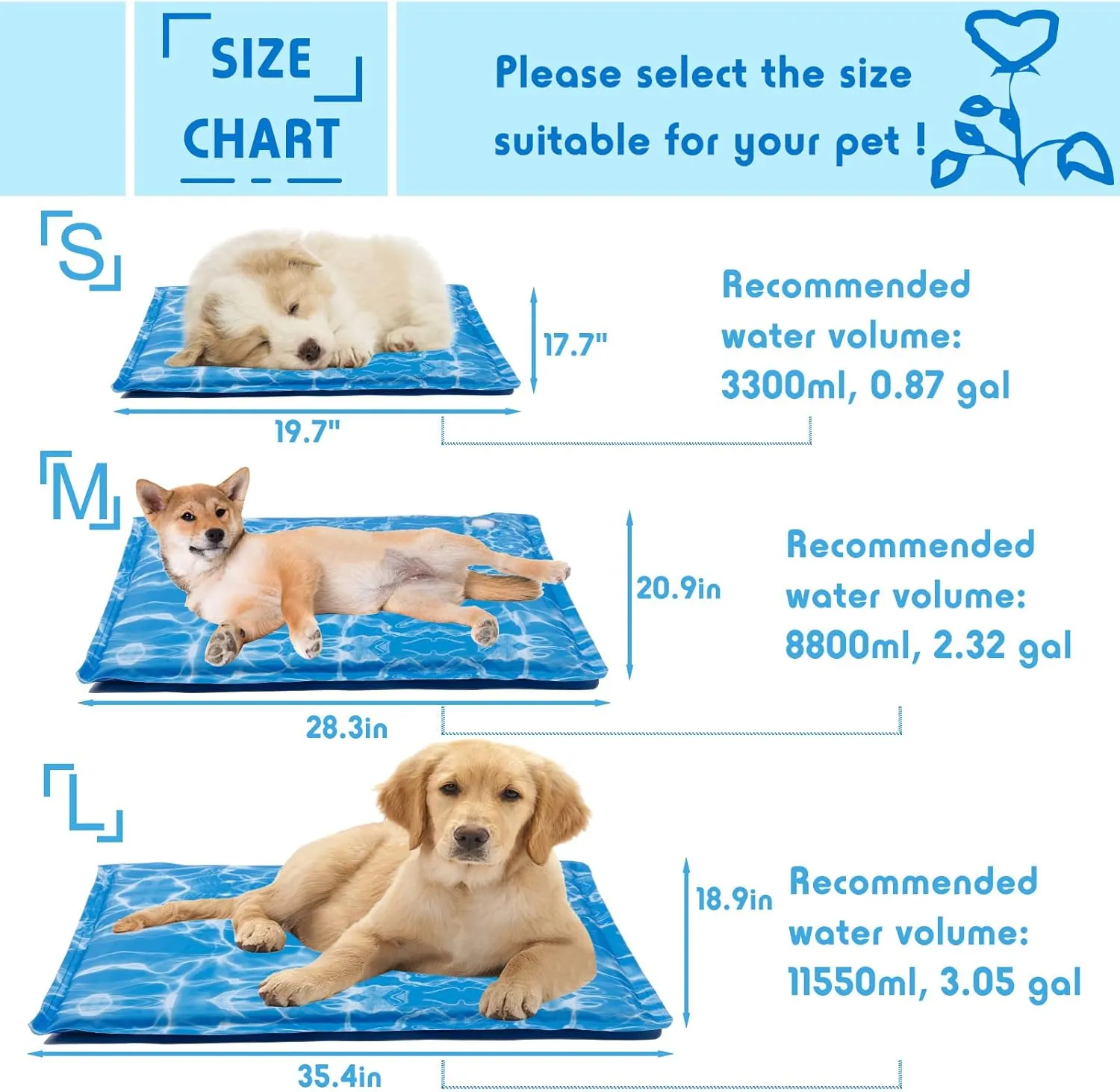 Dog Cooling Mat Pet Cooling Chill Pad Cool Blanket Water Injection Durable Cooling Dog Bed Mats for Extra Large Dogs Cats for Kennels Crates Beds Thick Foam Base