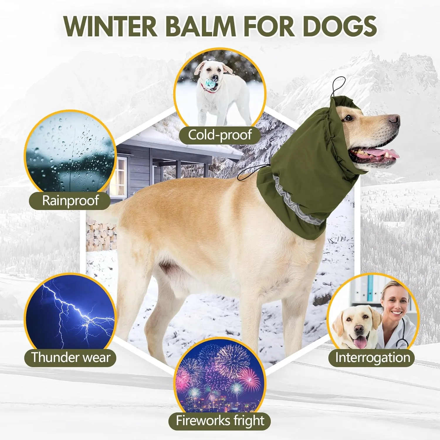 Dog Fleece Snood Ear Protector, Adjustable Neck Gaiter, Waterproof Calming Hoodie Ear Cover Relieve Anxiety, Neck Head Warmer Headband for Grooming (Military Green, Medium)