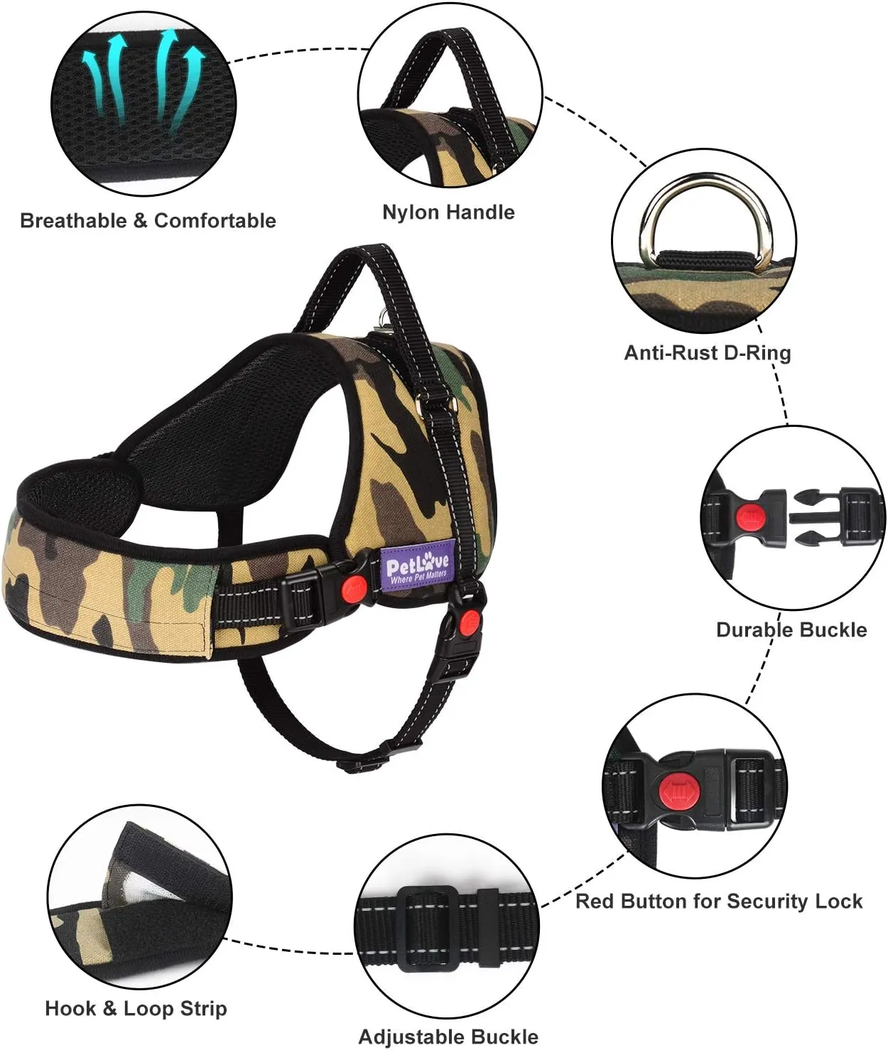 Dog Harness, Adjustable Soft Leash Padded No Pull Dog Harness for Small Medium Large Dogs, Camouflage