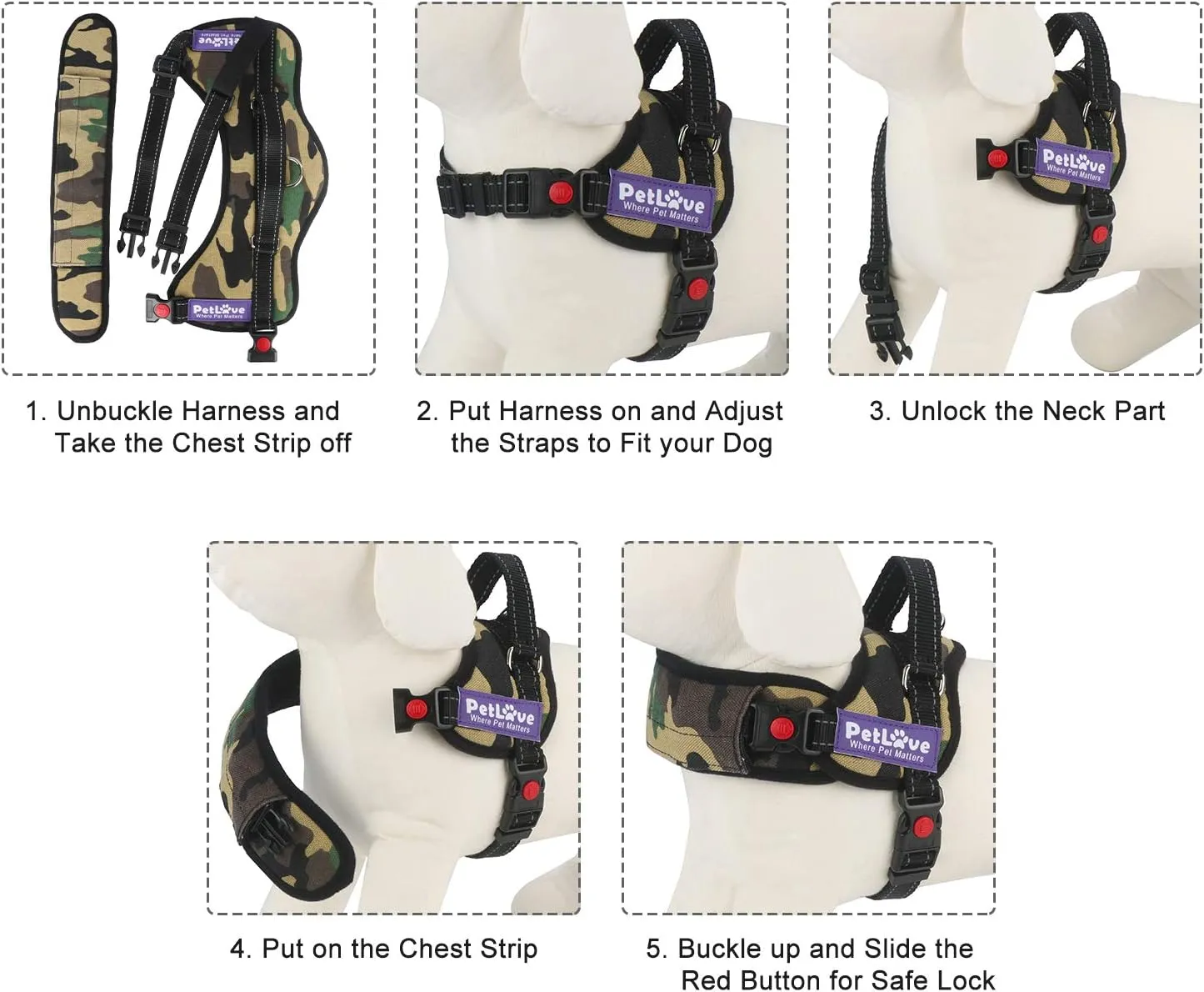 Dog Harness, Adjustable Soft Leash Padded No Pull Dog Harness for Small Medium Large Dogs, Camouflage