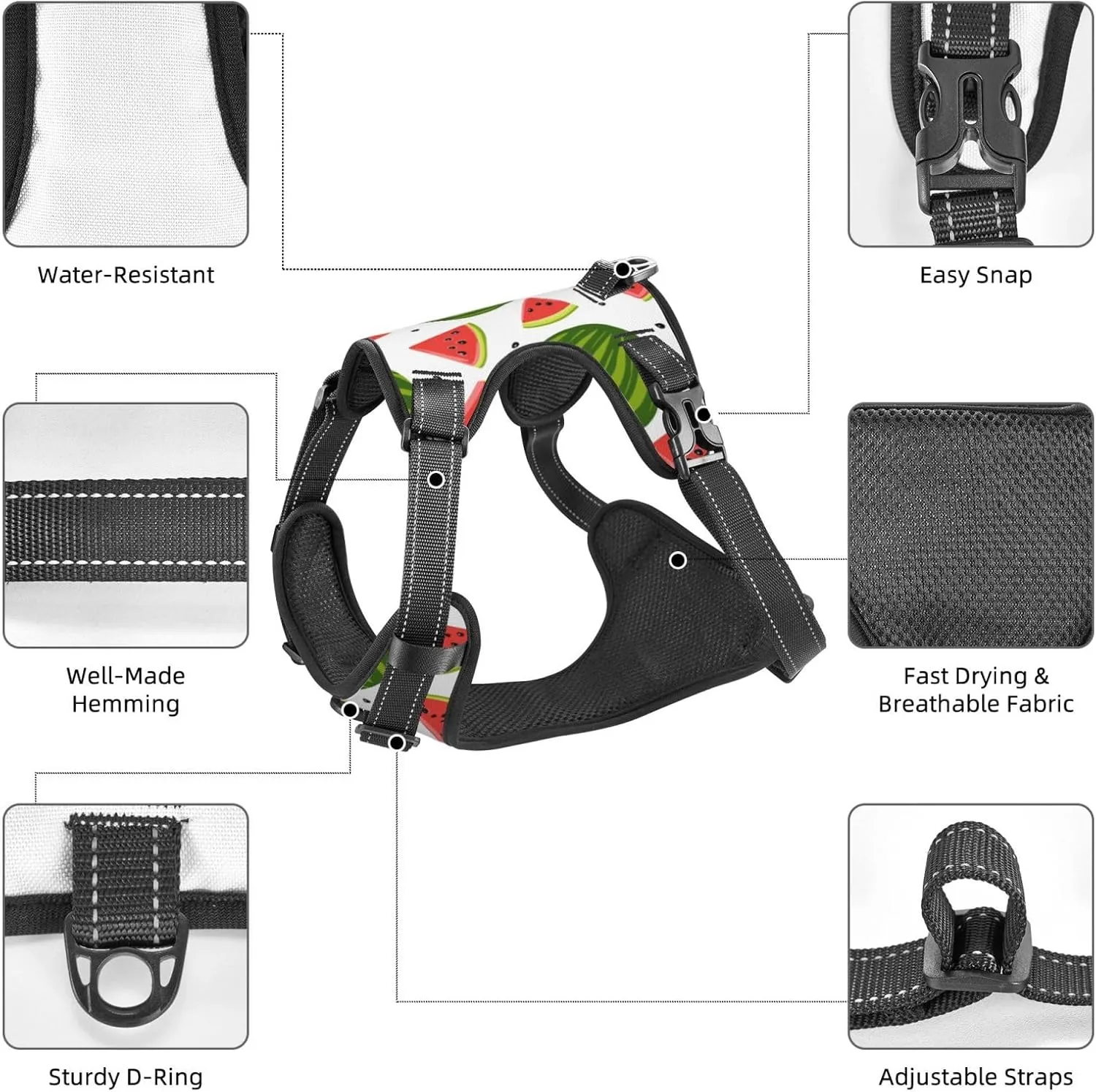 Dog Harness and Leash Set No Pull, Adjustable Reflective Dog Vest Harness with Handle Easy Control for Pet, Small, Medium, Large Dogs, Running, Walking (Large) -Watermelon