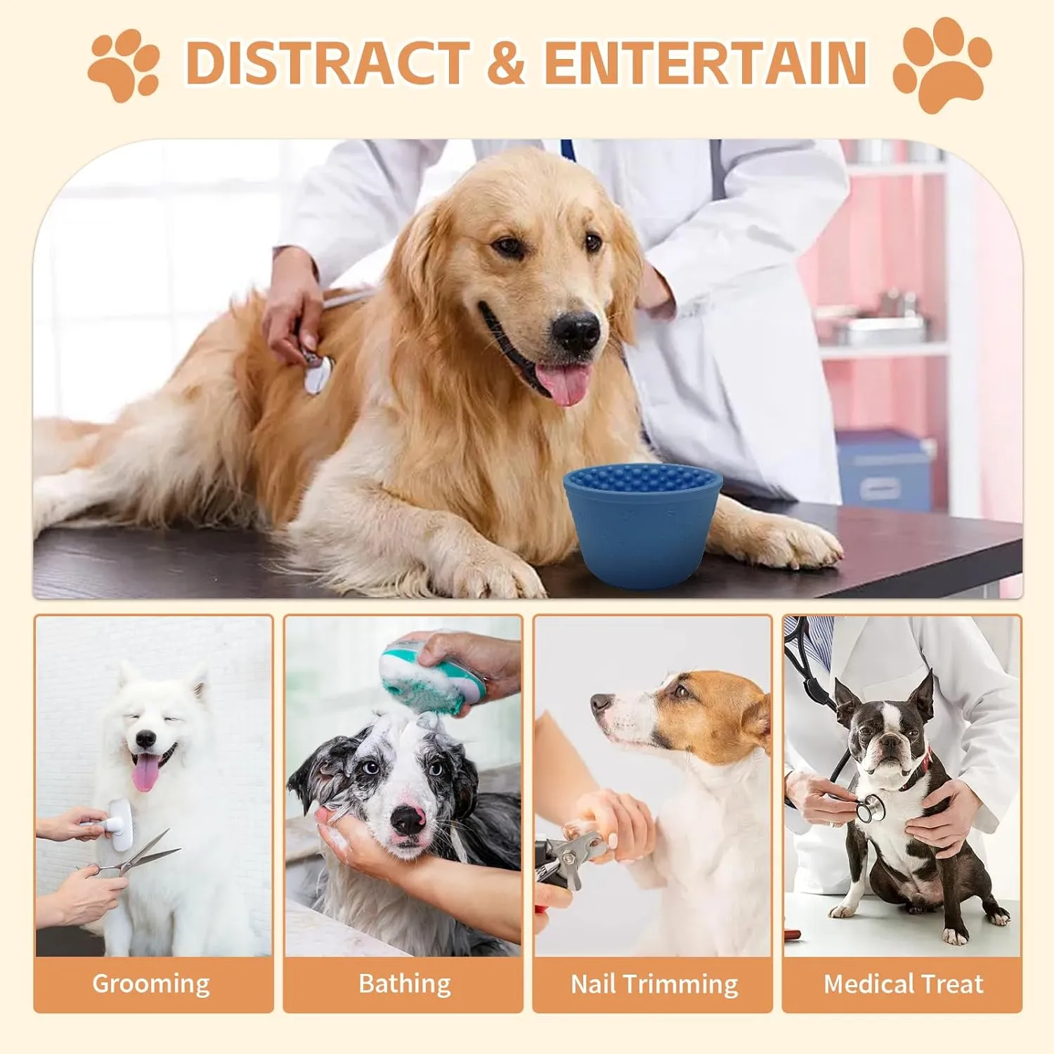 Dog Lick Bowl, Anxiety Relief Slow Feeder Treat Dispenser, Silicone Anti-chocking Pet Dish, Non-Slip Dog Licking Bowl Interactive Entertainment Puzzle Toy for Small & Medium-Dark Blue