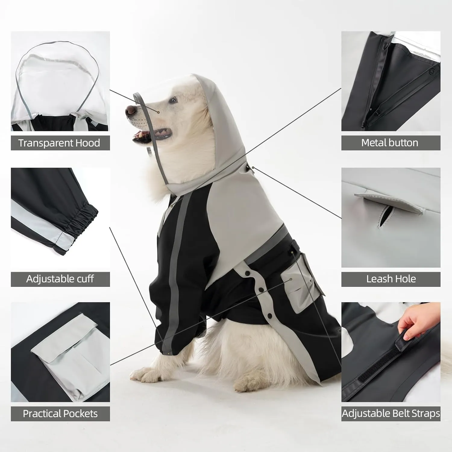 Dog Raincoat, Waterproof Dog Rain Jacket with Clear Hood,Rain Clothes Apparel with Leash Hole Suit for Medium Large Dogs,Black,2XL
