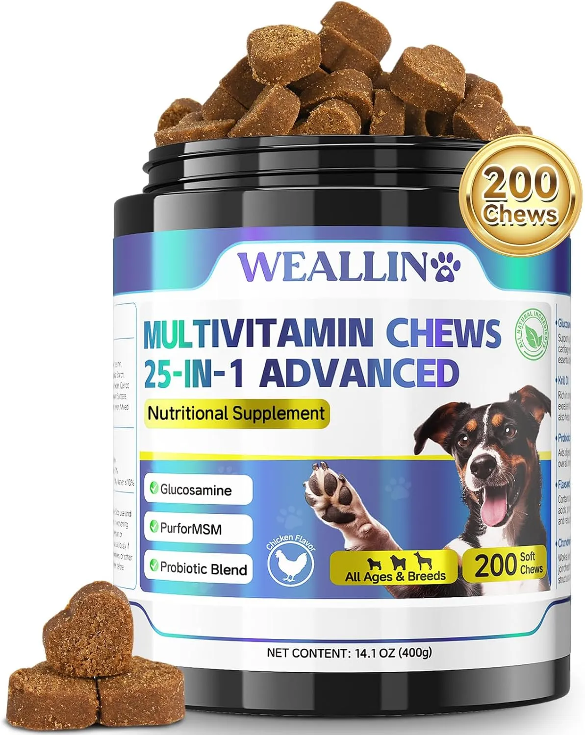 Dog Vitamins - 25-in-1 Dog Vitamins and Supplements Multivitamin with Glucosamine Probiotics Omega-3 Puppy Multivitamin Chewable for Coat, Heart, HIPS & Joints, Digestion & Immune System 200pcs