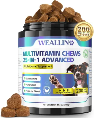 Dog Vitamins - 25-in-1 Dog Vitamins and Supplements Multivitamin with Glucosamine Probiotics Omega-3 Puppy Multivitamin Chewable for Coat, Heart, HIPS & Joints, Digestion & Immune System 200pcs
