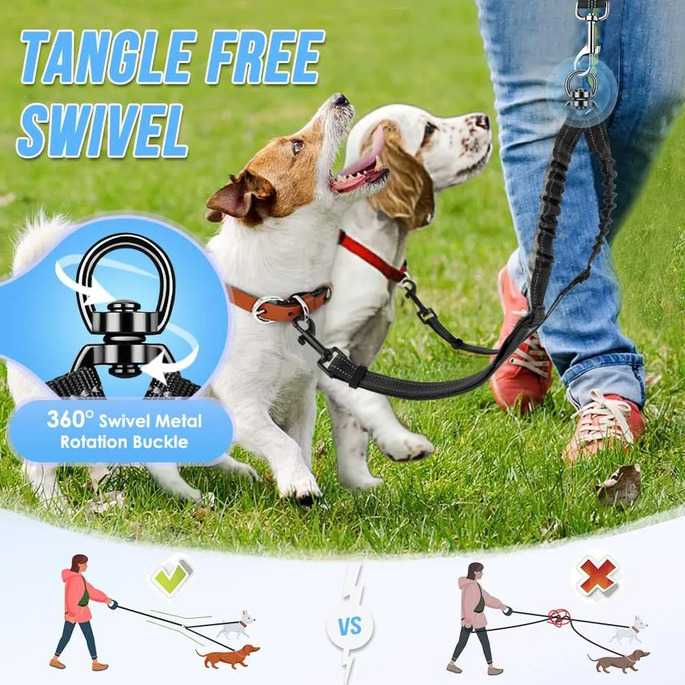 Double Dog Leash, No Tangle 360Swivel Rotation Reflective Lead Attachment Adjustable Length Dual Two Dogs Lead Splitter, Comfortable Shock Absorbing Walking Training for 2 Dogs