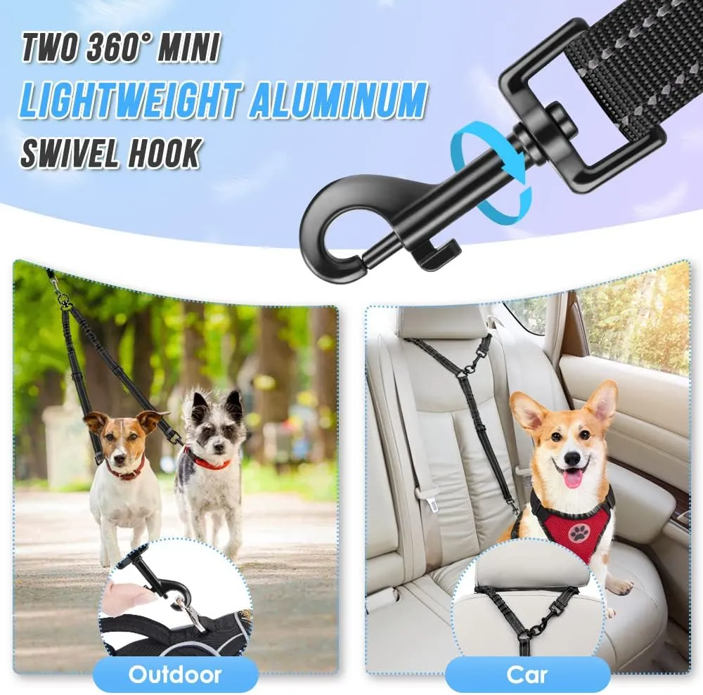 Double Dog Leash, No Tangle 360Swivel Rotation Reflective Lead Attachment Adjustable Length Dual Two Dogs Lead Splitter, Comfortable Shock Absorbing Walking Training for 2 Dogs