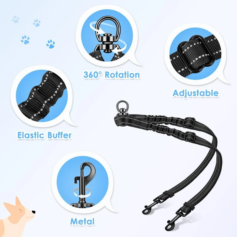 Double Dog Leash, No Tangle 360Swivel Rotation Reflective Lead Attachment Adjustable Length Dual Two Dogs Lead Splitter, Comfortable Shock Absorbing Walking Training for 2 Dogs