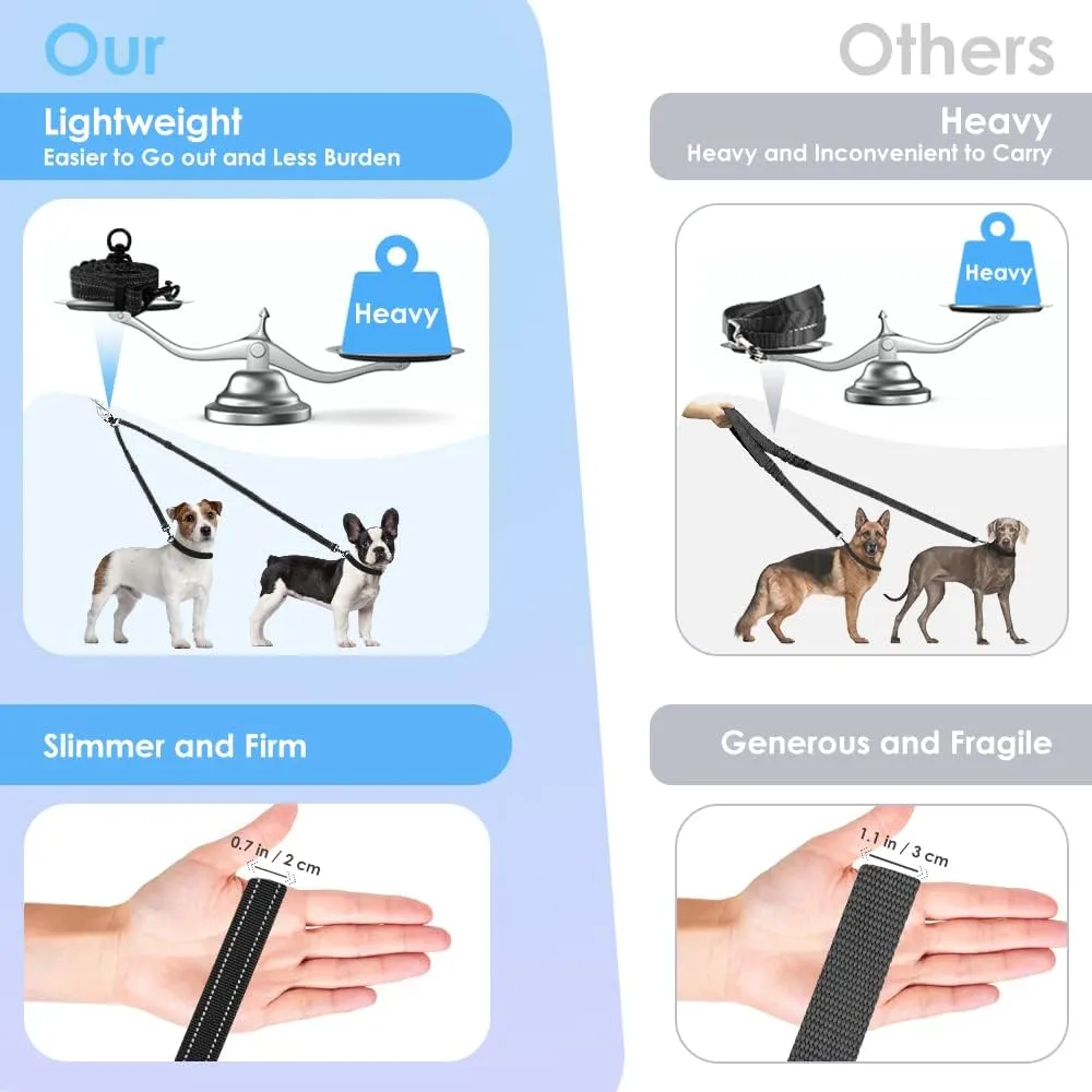 Double Dog Leash, No Tangle 360Swivel Rotation Reflective Lead Attachment Adjustable Length Dual Two Dogs Lead Splitter, Comfortable Shock Absorbing Walking Training for 2 Dogs