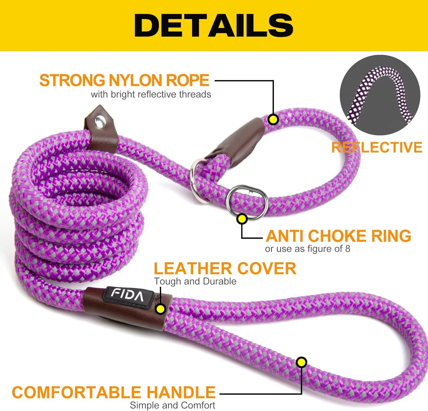 Fida Durable Slip Lead, 6 FT x 1/2" Heavy Duty Rope Leash for Large, Medium Dogs, No Pull Pet Training Leash with Highly Reflective, Purple