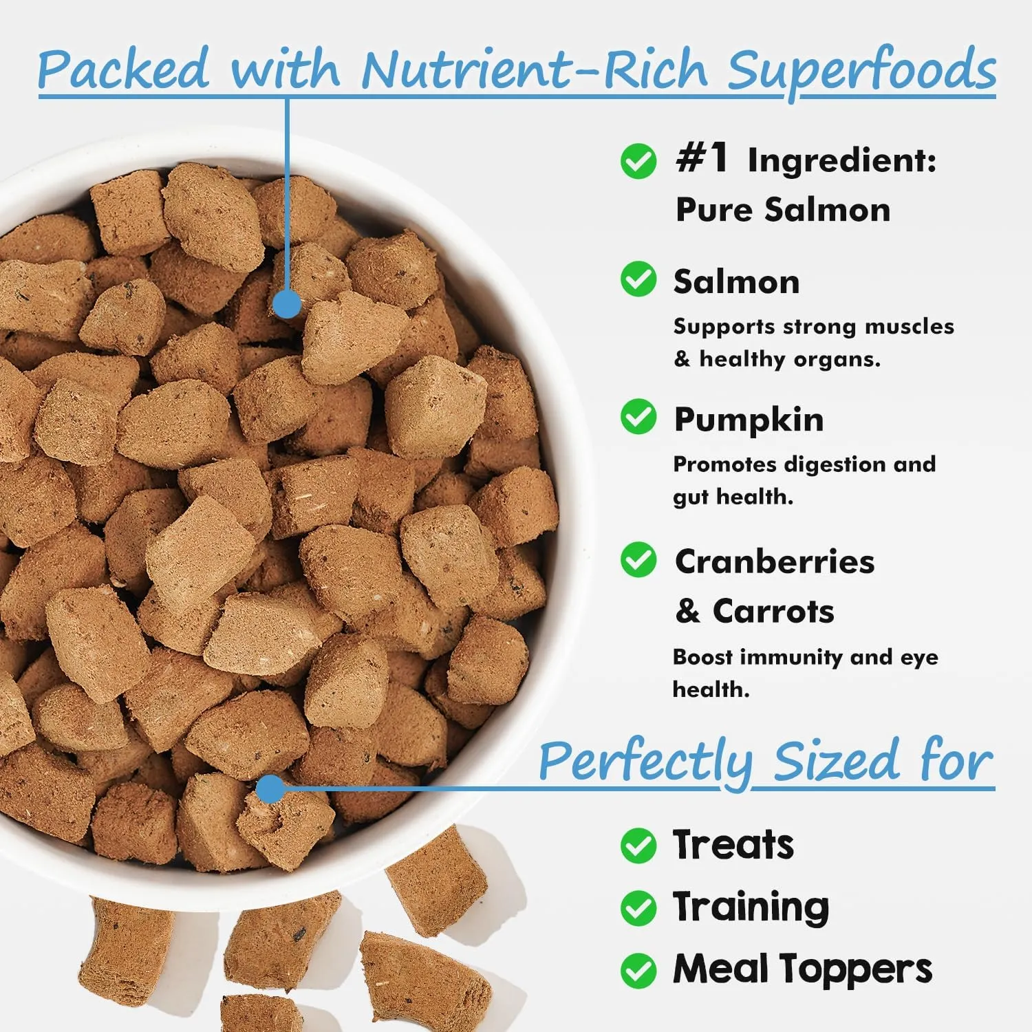 Freeze-Dried Salmon Dog Treats with Omega-3, Skin & Coat Health Soft Cubes, Single-Protein Limited Ingredient Diet, 2cm Easy Chew Size, Grain-Free Resealable Bag 6oz