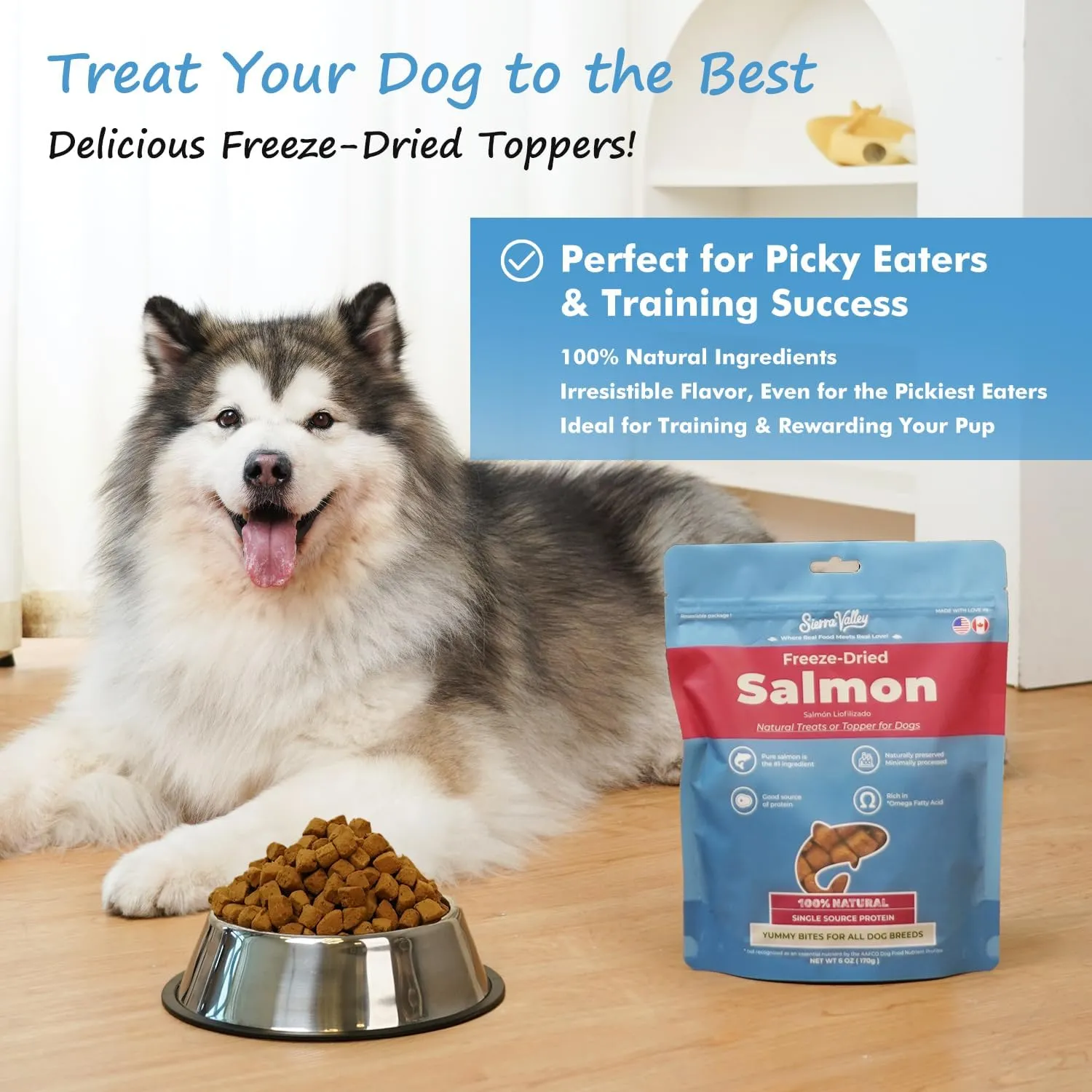 Freeze-Dried Salmon Dog Treats with Omega-3, Skin & Coat Health Soft Cubes, Single-Protein Limited Ingredient Diet, 2cm Easy Chew Size, Grain-Free Resealable Bag 6oz