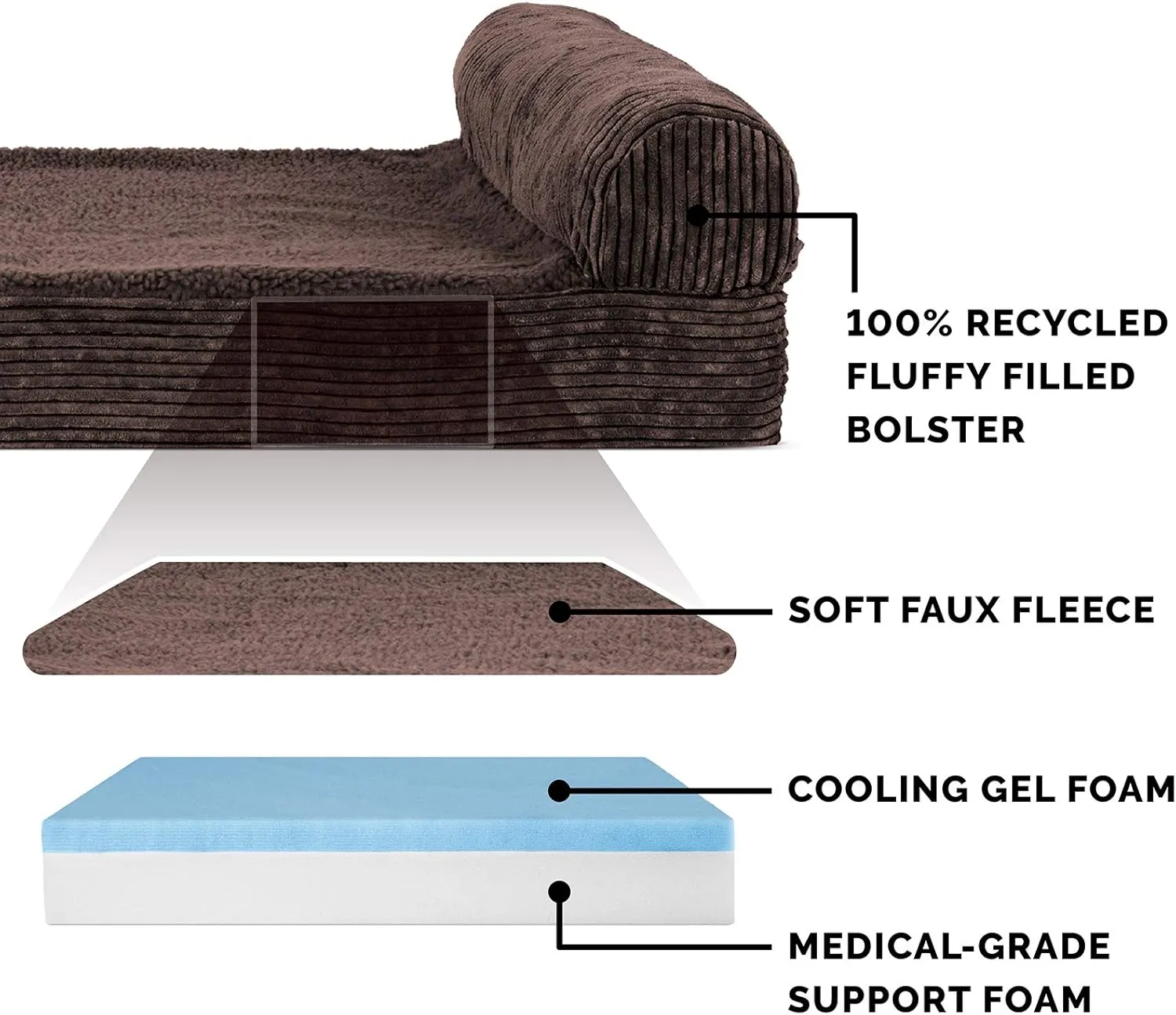 Furhaven Cooling Gel Dog Bed for Large Dogs w/ Removable Bolster & Washable Cover, For Dogs Up to 125 lbs - Fleece & Corduroy Bolster Chaise - Dark Espresso, Jumbo Plus/XXL