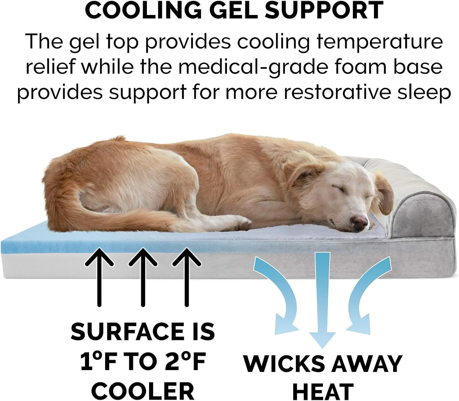 Furhaven Cooling Gel Dog Bed for Large Dogs w/ Removable Bolsters & Washable Cover, For Dogs Up to 125 lbs - Faux Fur & Velvet Sofa - Smoke Gray, Jumbo Plus/XXL