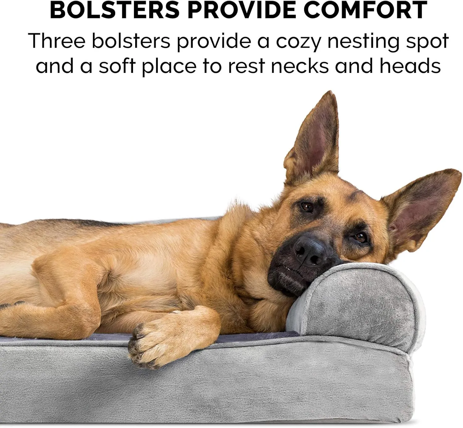 Furhaven Cooling Gel Dog Bed for Large Dogs w/ Removable Bolsters & Washable Cover, For Dogs Up to 125 lbs - Faux Fur & Velvet Sofa - Smoke Gray, Jumbo Plus/XXL