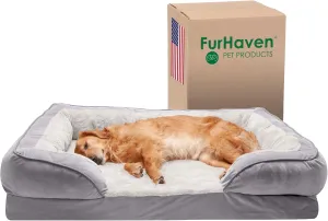 Furhaven Cooling Gel Dog Bed for Large Dogs w/ Removable Bolsters & Washable Cover, For Dogs Up to 95 lbs - Plush & Velvet Waves Perfect Comfort Sofa - Granite Gray, Jumbo/XL, 40.0"L x 32.0"W x 9.5"Th