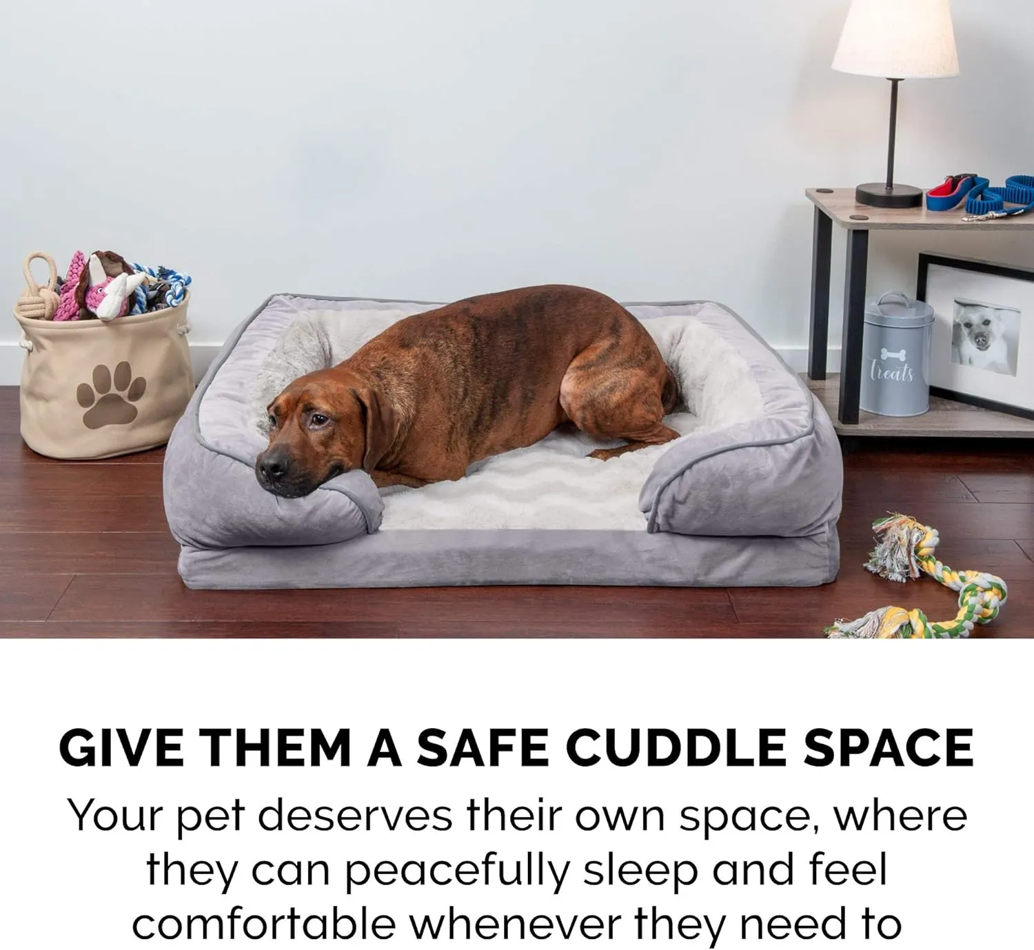 Furhaven Cooling Gel Dog Bed for Large Dogs w/ Removable Bolsters & Washable Cover, For Dogs Up to 95 lbs - Plush & Velvet Waves Perfect Comfort Sofa - Granite Gray, Jumbo/XL, 40.0"L x 32.0"W x 9.5"Th