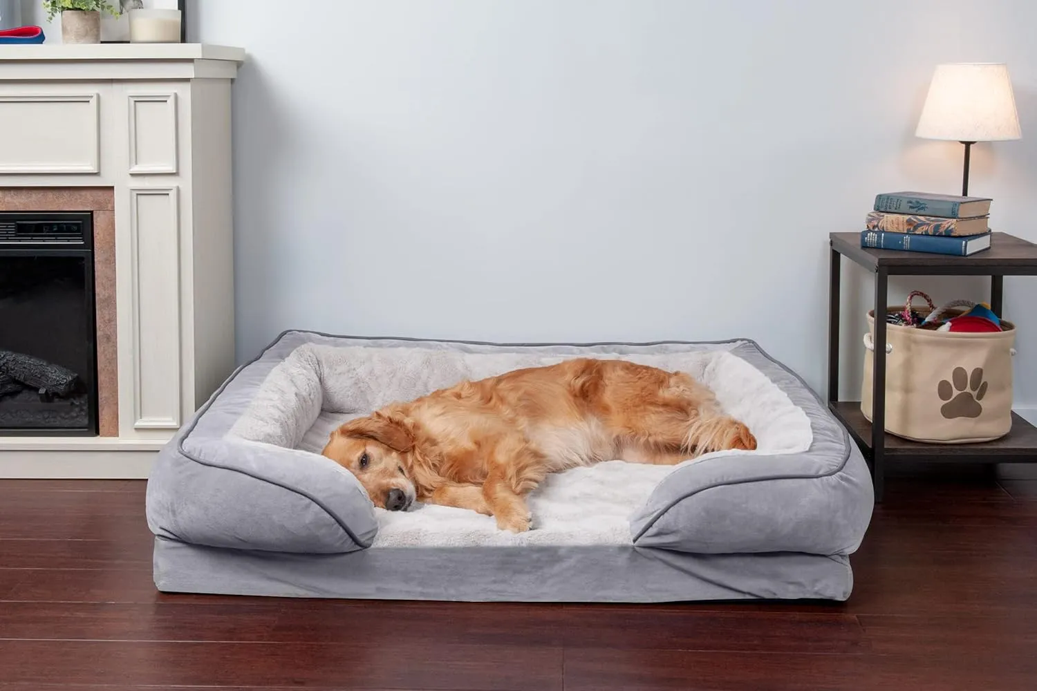 Furhaven Cooling Gel Dog Bed for Large/Medium Dogs w/ Removable Bolsters & Washable Cover, For Dogs Up to 55 lbs - Plush & Velvet Waves Perfect Comfort Sofa - Granite Gray, Large