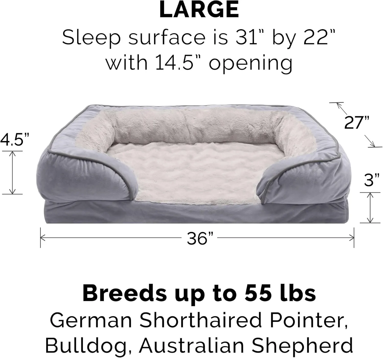 Furhaven Cooling Gel Dog Bed for Large/Medium Dogs w/ Removable Bolsters & Washable Cover, For Dogs Up to 55 lbs - Plush & Velvet Waves Perfect Comfort Sofa - Granite Gray, Large