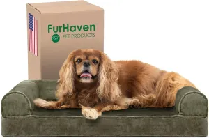 Furhaven Cooling Gel Dog Bed for Medium/Small Dogs w/ Removable Bolsters & Washable Cover, For Dogs Up to 35 lbs - Faux Fur & Velvet Sofa - Dark Sage, Medium