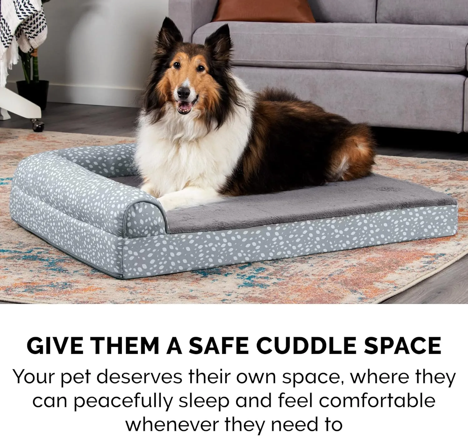 FurHaven Supportive Cooling Memory Foam L Chaise Dog Bed with Washable & Removable Cover - Plush & Almond Print - Gray Almonds, Dogs Up to 35 lbs - Medium