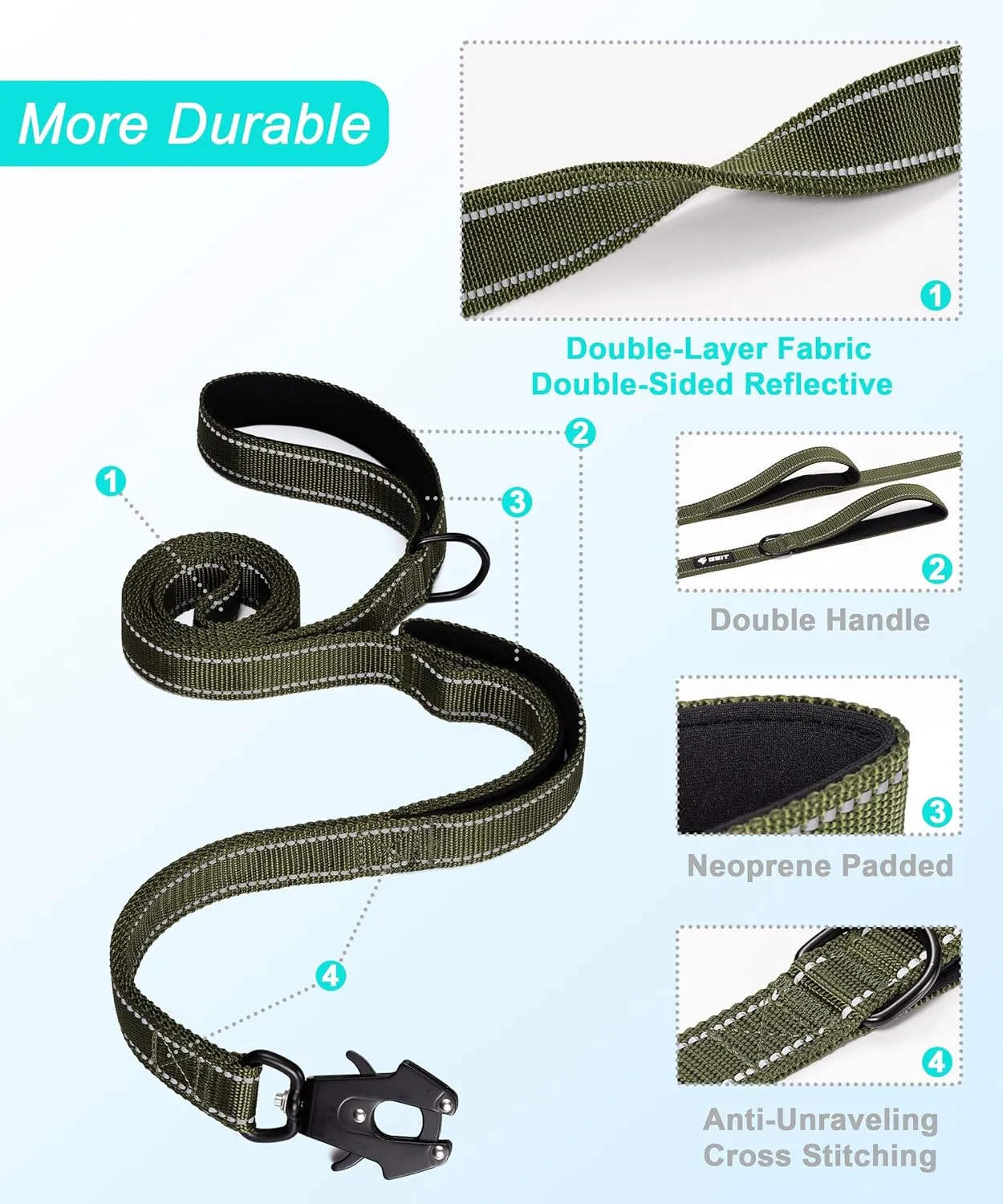 GEIT 4/5/6FT Heavy Duty Dog Leash, 2 Handles Reflective Rope Leashes, Walking Lead with Quick Release/Locking Tactical Frog Clip for Small Medium and Large Dogs, Army Green