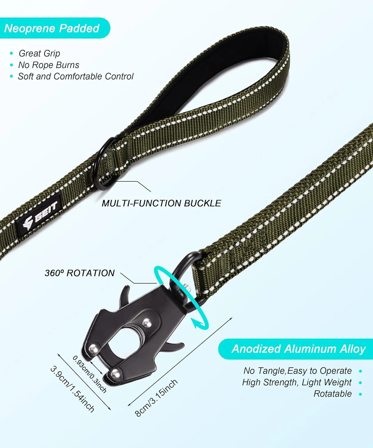 GEIT 4/5/6FT Heavy Duty Dog Leash, 2 Handles Reflective Rope Leashes, Walking Lead with Quick Release/Locking Tactical Frog Clip for Small Medium and Large Dogs, Army Green