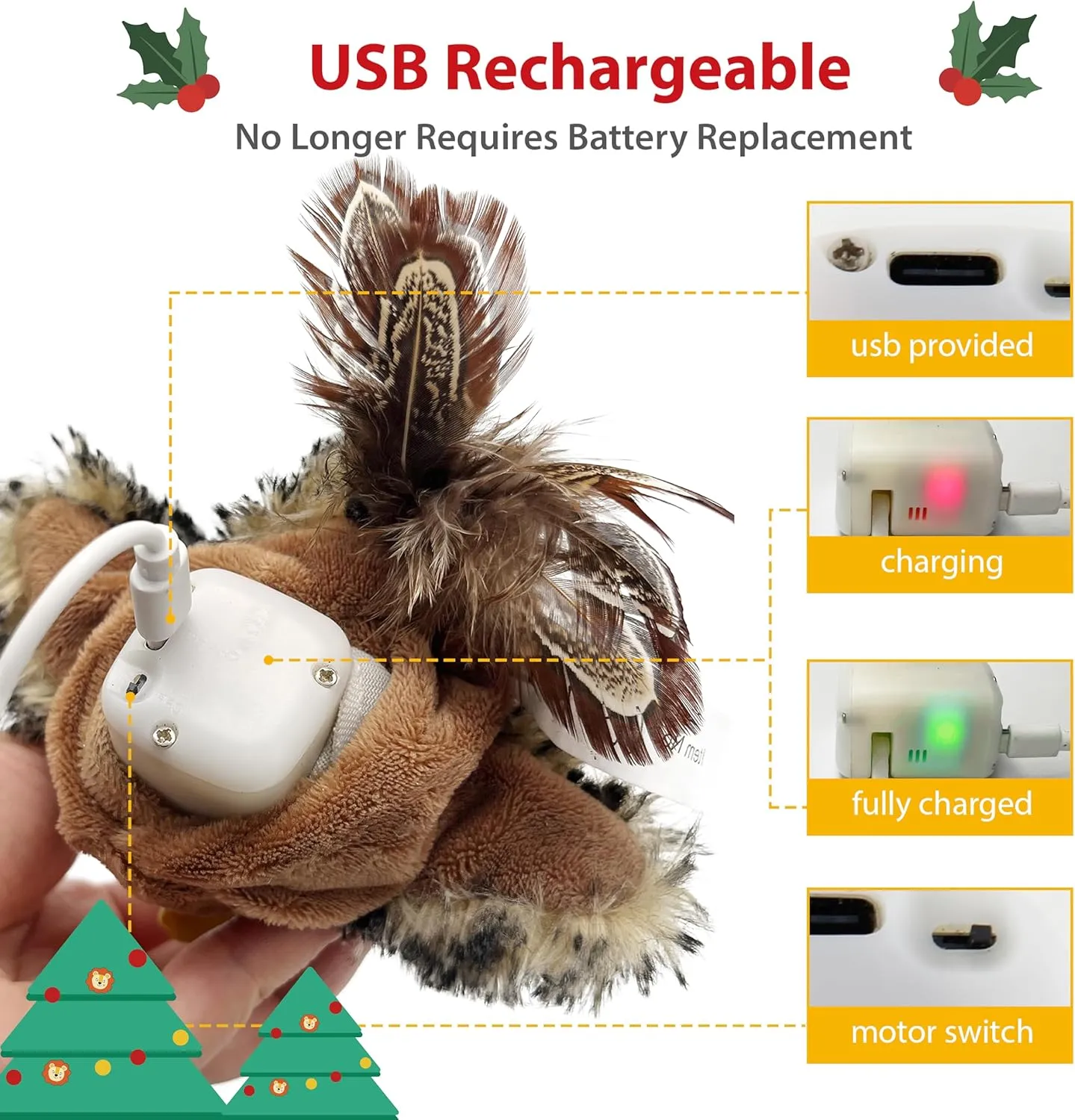 Gigwi Interactive Cat Toy for Indoor Cats - Rechargeable Motion Activated, Automatic Flapping and Chirping With Catnip, Beating Wings Hanging Toy