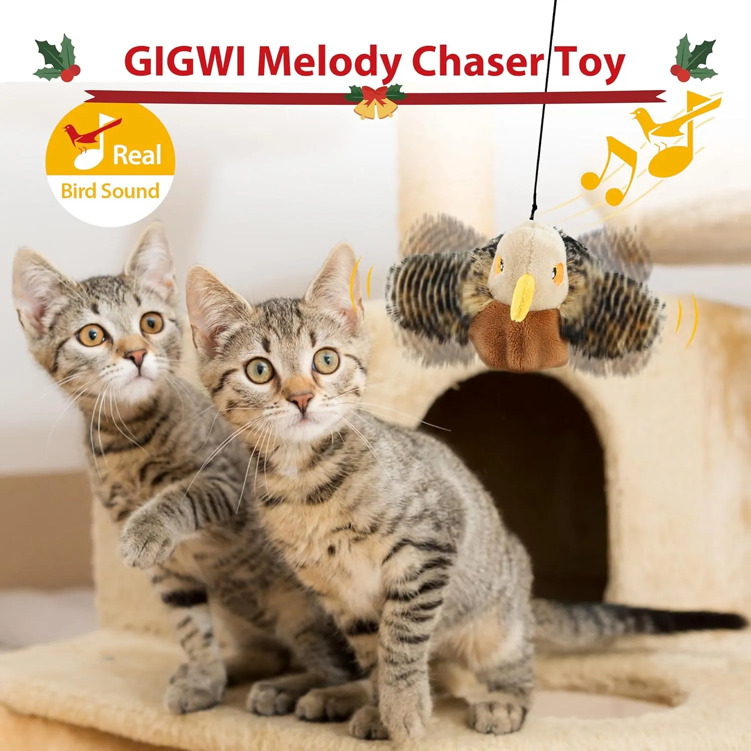 Gigwi Interactive Cat Toy for Indoor Cats - Rechargeable Motion Activated, Automatic Flapping and Chirping With Catnip, Beating Wings Hanging Toy