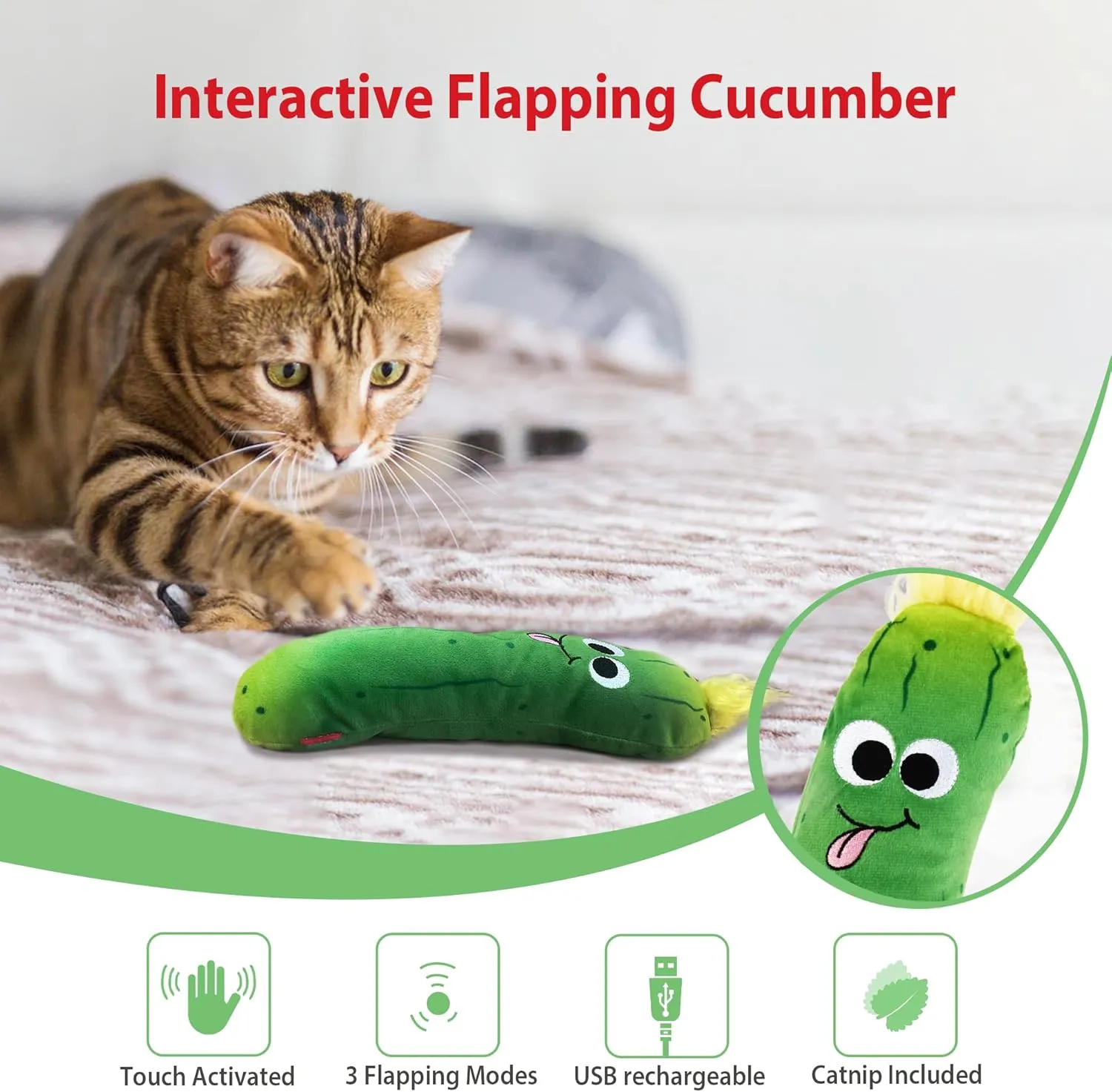 Gigwi Interactive Cat Toys, Rechargeable Flapping Wiggle Pickle with SilverVine Catnip, Beating Tails Toys for Indoor Cat, Touch Activated Best Gift For Birthday, Thanksgiving, Christmas, New Year