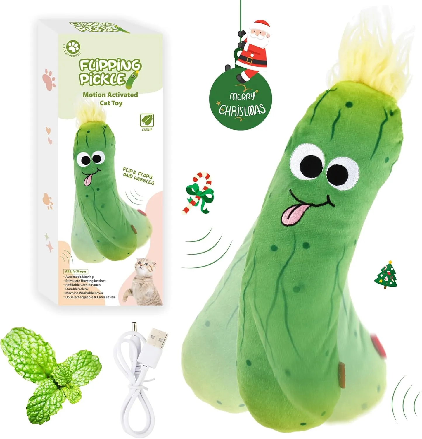 Gigwi Interactive Cat Toys, Rechargeable Flapping Wiggle Pickle with SilverVine Catnip, Beating Tails Toys for Indoor Cat, Touch Activated Best Gift For Birthday, Thanksgiving, Christmas, New Year
