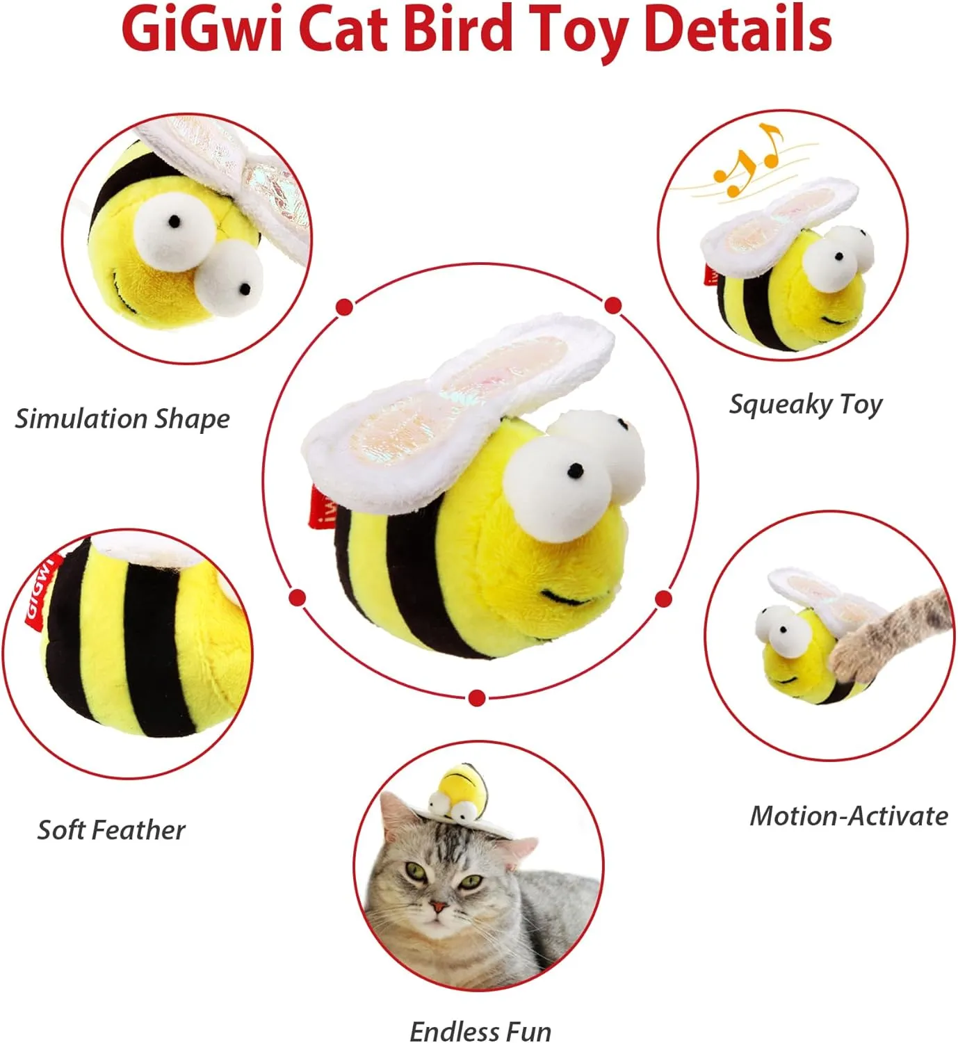 Gigwi Interactive Squeaking Cat ToyChirpy Bee Sound Toy for CatsMelody Chaser Play Squeak Kitten Toy for Boredom