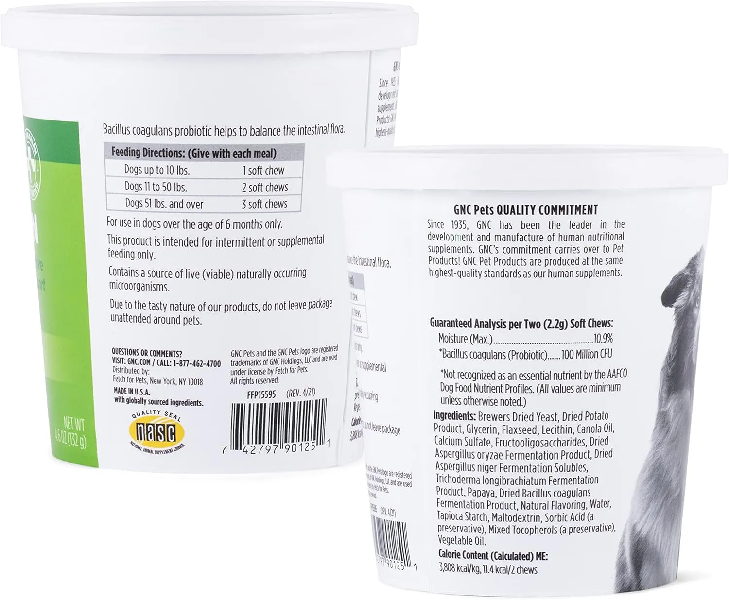 GNC Pets Essentials Digestion Supplements for All Dogs 60ct 2.2g Soft Chews Bacon Flavor 12oz Reusable Container | Daily Supplements for Dogs Digestion (FF15595)