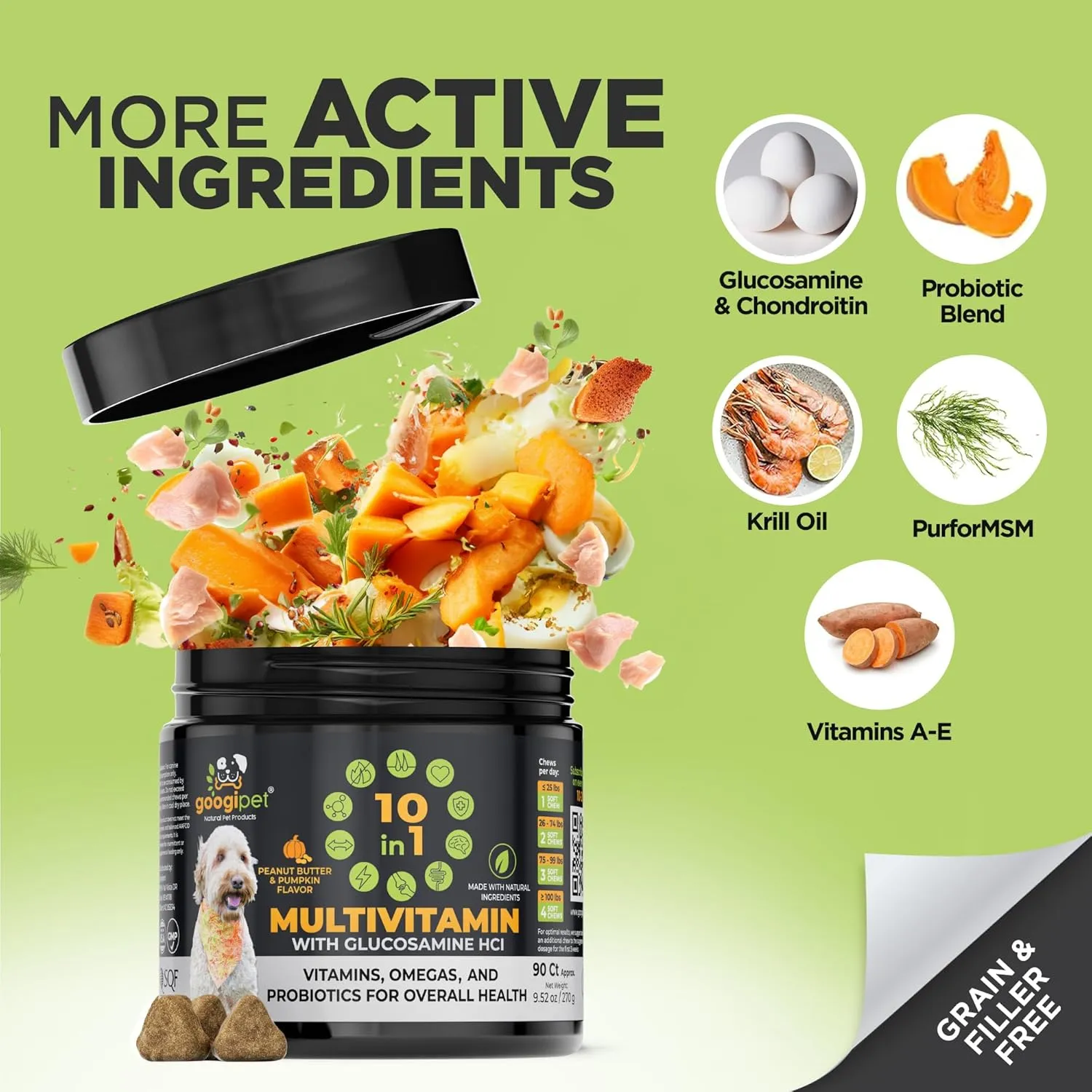 Googipet Premium 10 in 1 Dog Vitamins Multivitamin Chewable with Probiotics for Gut Health, Dog Vitamins and Supplements w/Vitamin C & Glucosamine for Joint Support (Peanut Butter & Pumpkin Flavor)