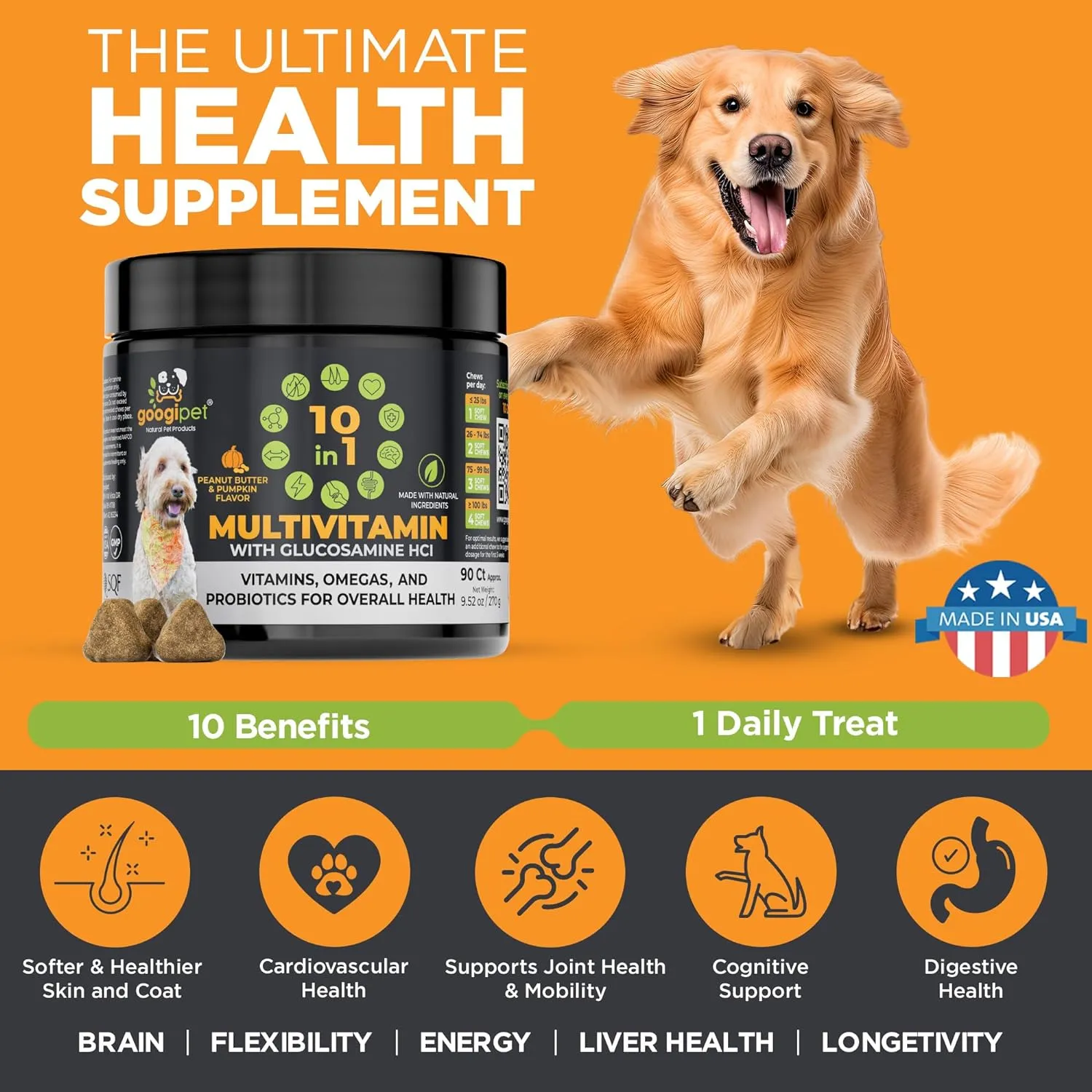 Googipet Premium 10 in 1 Dog Vitamins Multivitamin Chewable with Probiotics for Gut Health, Dog Vitamins and Supplements w/Vitamin C & Glucosamine for Joint Support (Peanut Butter & Pumpkin Flavor)