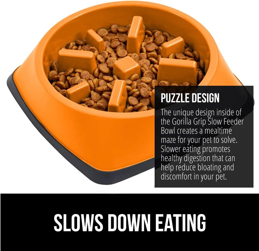 Gorilla Grip Slow Feeder Dog and Cat Bowls, Interactive Puzzle Toy for Dogs and Cats Food Training, Keeps Pets Busy and Prevents Puppy Overeating, Large, Small Breeds, 100% BPA Free, 2 Cup Orange