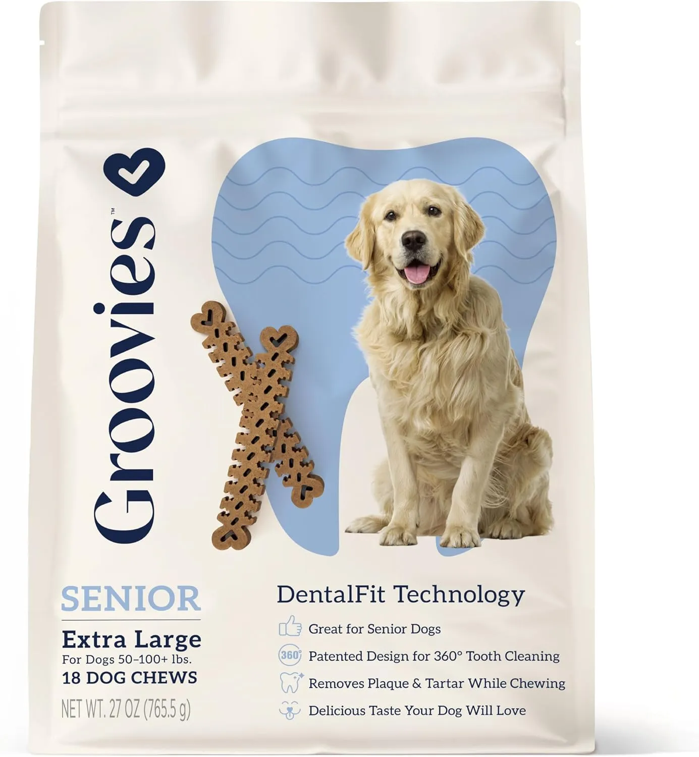 Groovies Senior Dog Dental Chew 27oz XLarge (18 Chews)