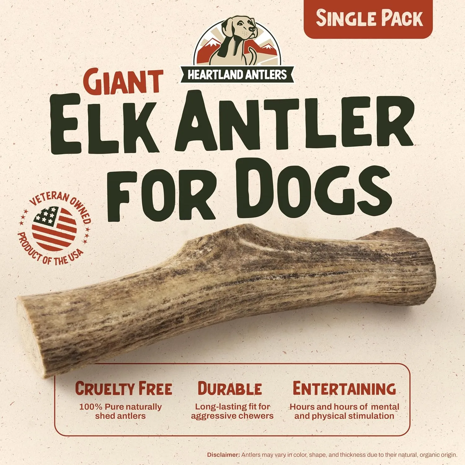 Heartland Elk Antlers for Dogs (Whole Elk, 9 ", Giant, 1-Pack)  Grade A, Naturally Shed | Durable, Odor-Free Chew for Aggressive Chewers & Puppies | Splinter-Free | USA Made | Veteran Owned
