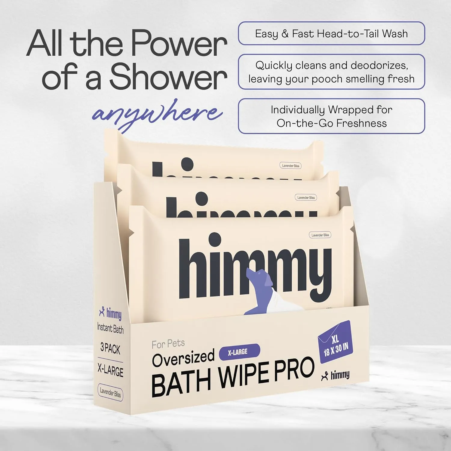 Himmy XL Pet Wipes for Dogs and Cats  18 x 30 Bath Wipes for Cleaning, Deodorizing, Conditioning, Anti-Itch Grooming, Wet Dog Wipes for Paws, Butt, Ear, Eye, Face Whole Body Lavender