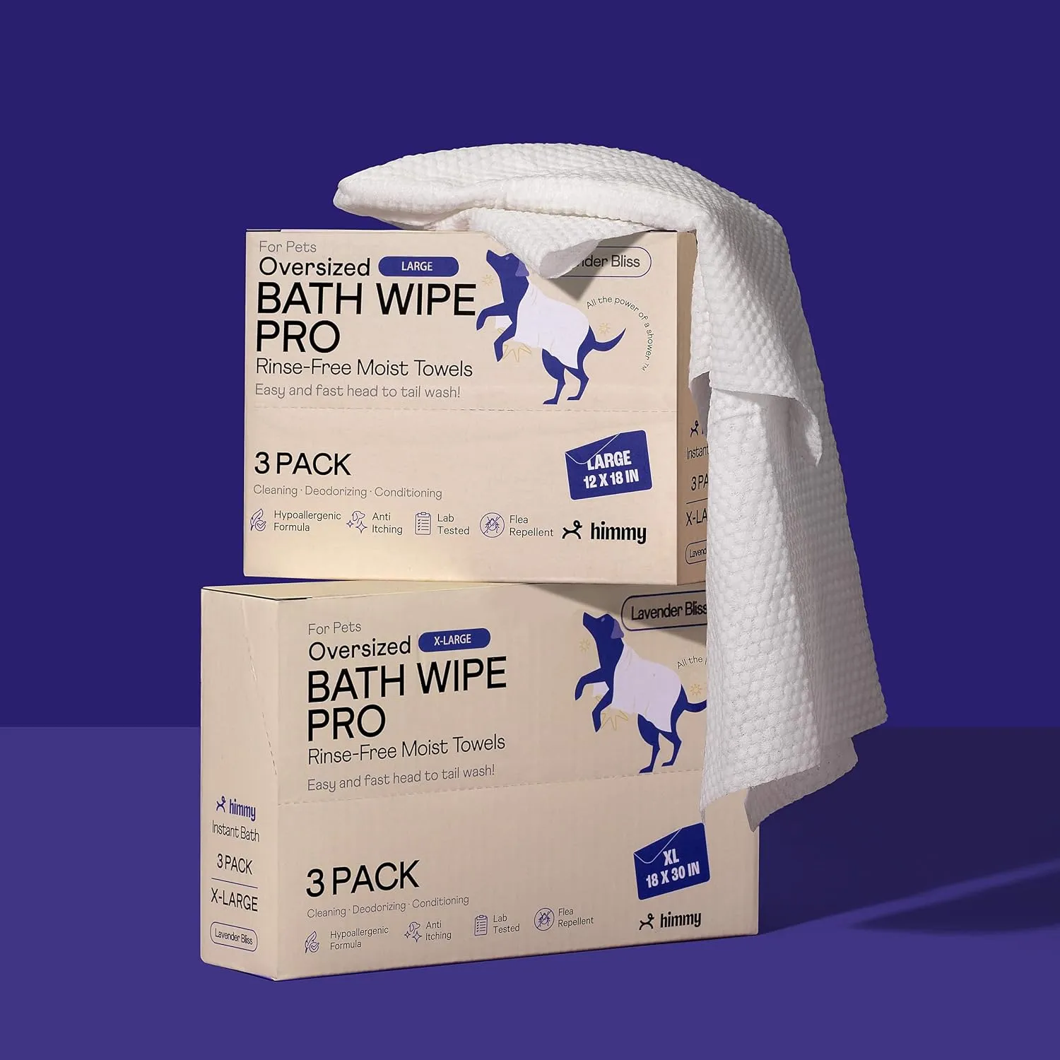 Himmy XL Pet Wipes for Dogs and Cats  18 x 30 Bath Wipes for Cleaning, Deodorizing, Conditioning, Anti-Itch Grooming, Wet Dog Wipes for Paws, Butt, Ear, Eye, Face Whole Body Lavender