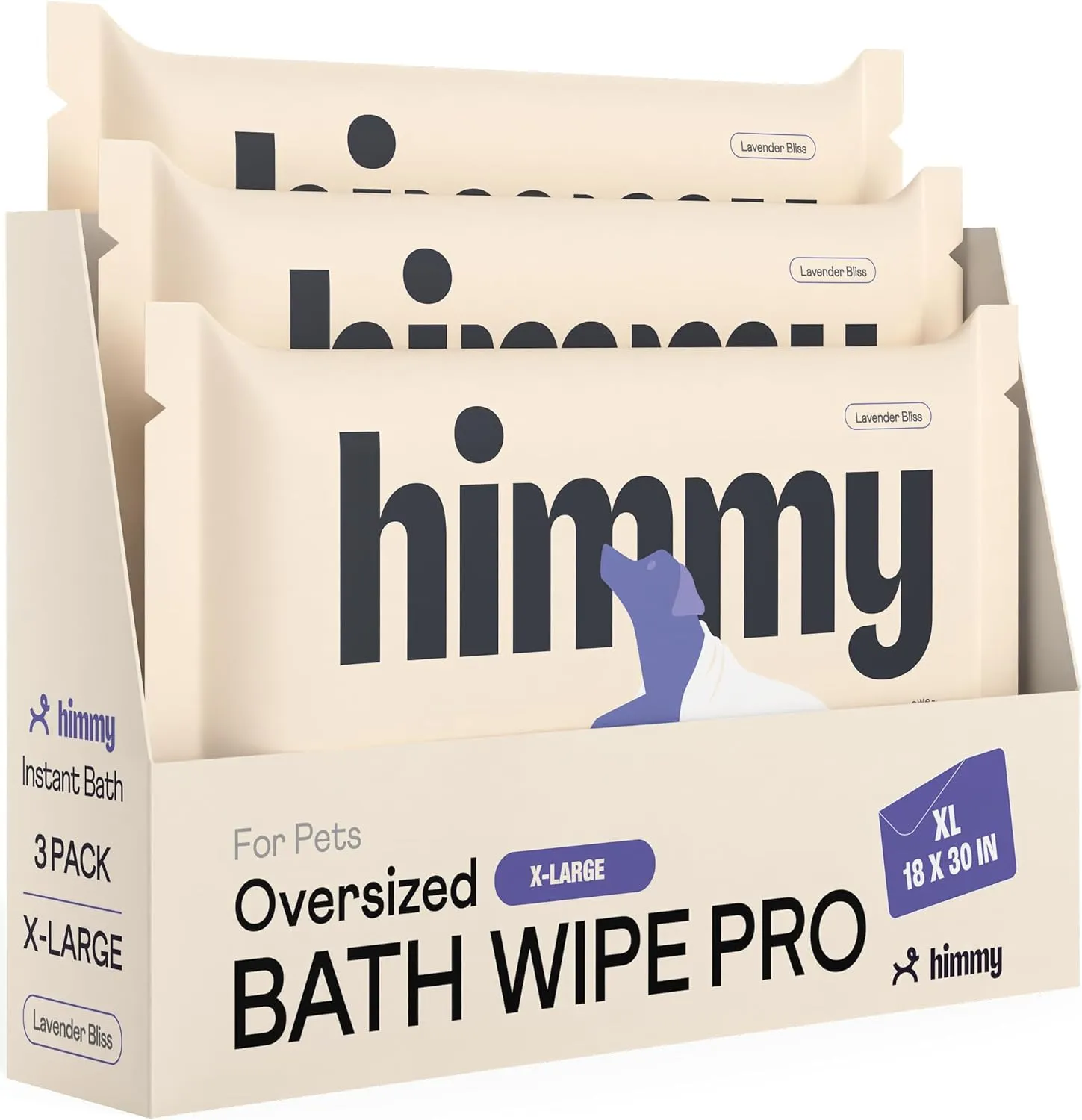 Himmy XL Pet Wipes for Dogs and Cats  18 x 30 Bath Wipes for Cleaning, Deodorizing, Conditioning, Anti-Itch Grooming, Wet Dog Wipes for Paws, Butt, Ear, Eye, Face Whole Body Lavender