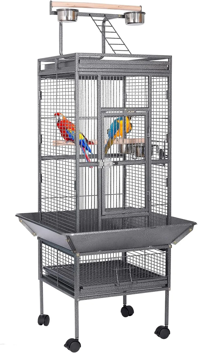 HSM 63 Inch Wrought Iron Large Bird Flight Cage with Rolling Stand for African Grey Parrot Cockatiel Sun Parakeet Conure Lovebird Canary