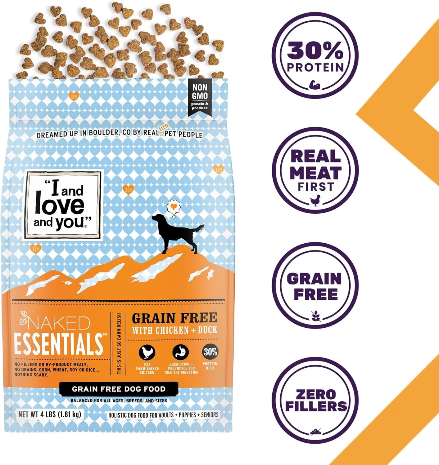 I and love and you Naked Essentials Dry Dog Food - Chicken   Duck - High Protein, Real Meat, No Fillers, Prebiotics   Probiotics, 11lb Bag