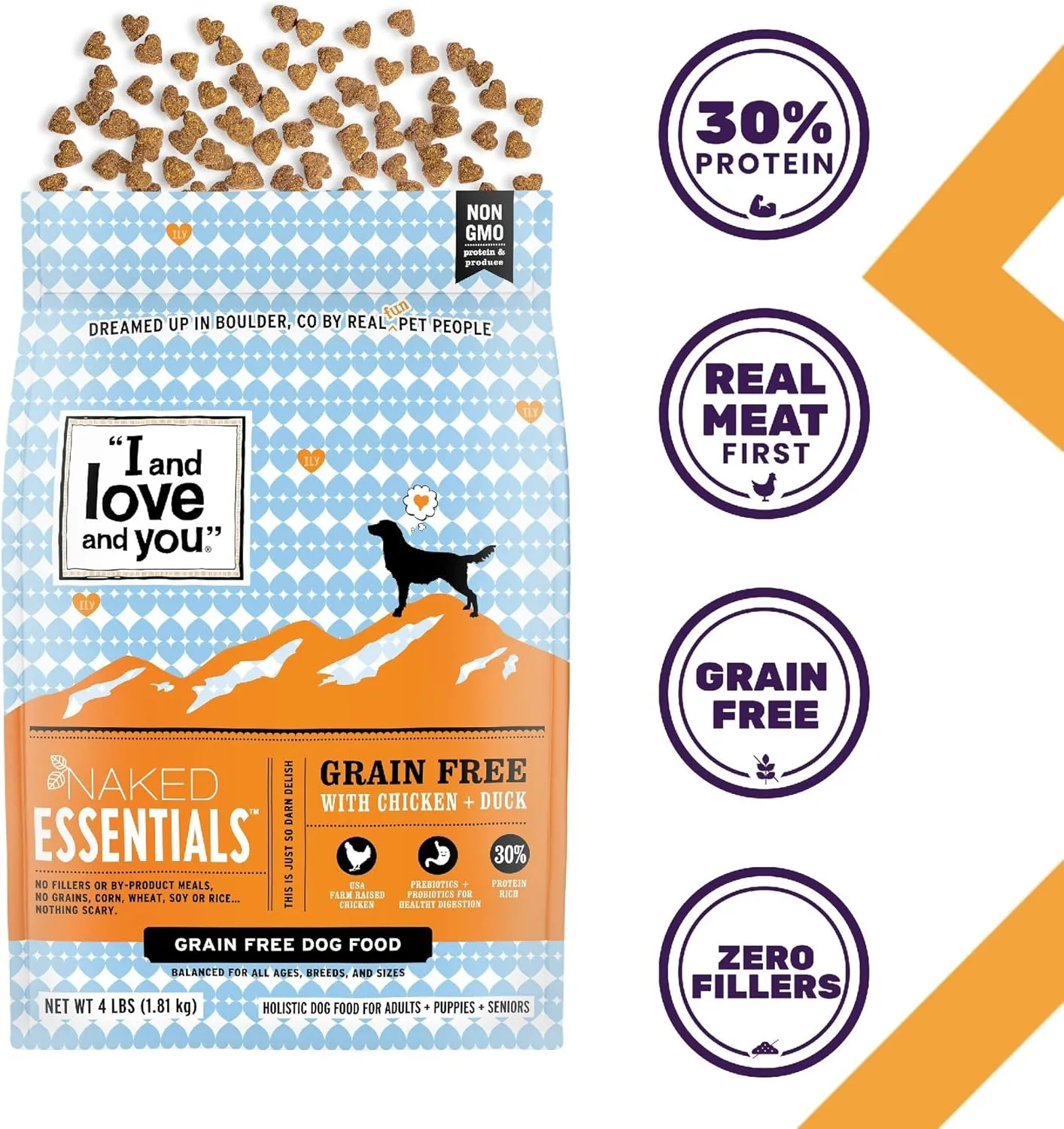 I and love and you Naked Essentials Dry Dog Food - Chicken   Duck - High Protein, Real Meat, No Fillers, Prebiotics   Probiotics, 11lb Bag