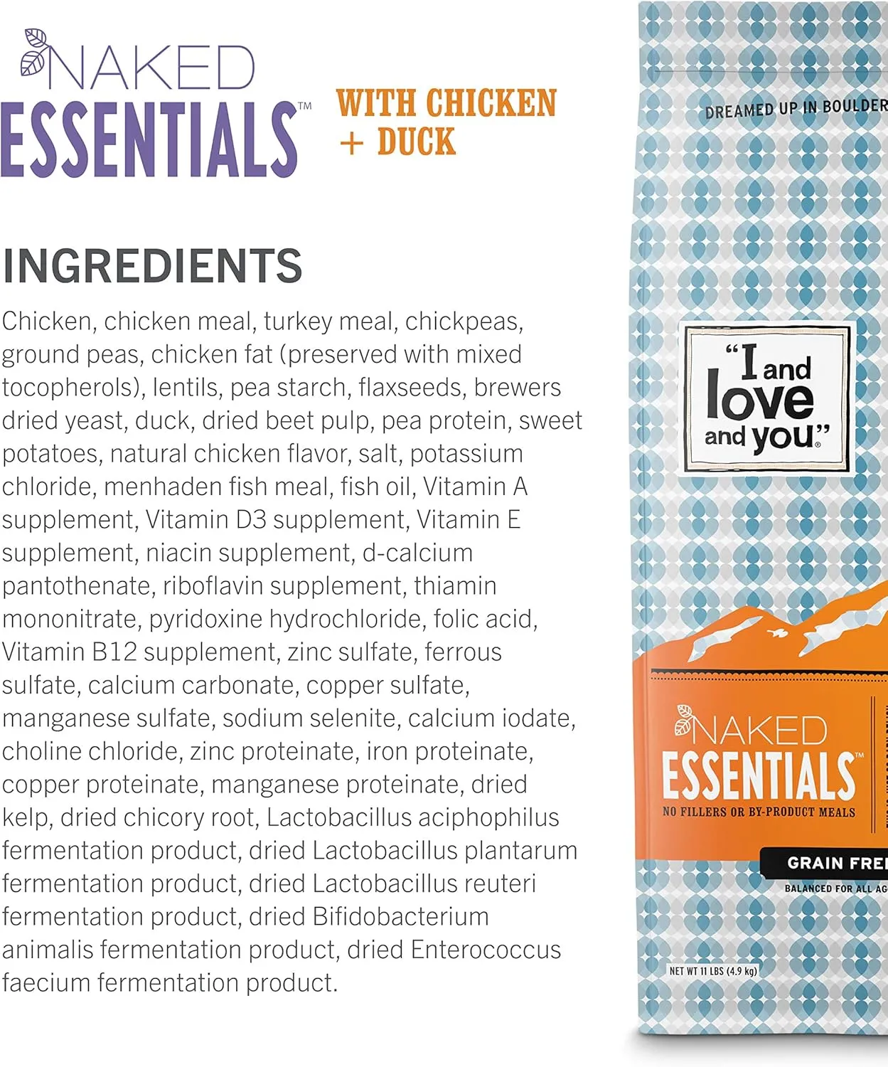 I and love and you Naked Essentials Dry Dog Food - Chicken   Duck - High Protein, Real Meat, No Fillers, Prebiotics   Probiotics, 11lb Bag