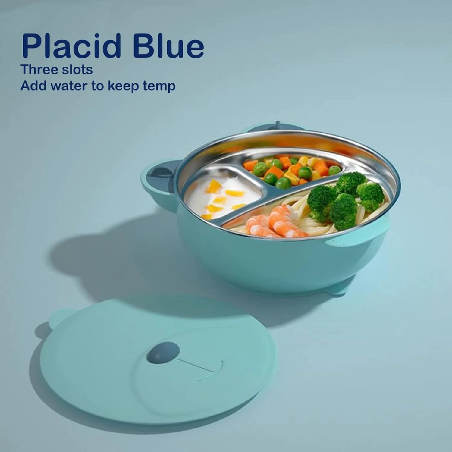 I love D&M Baby Toddler Food-Grade 316 Stainless Steel Bowl with Insulated Lid Strong Suction Leak-Resistant BPA Free Easy to clean (no utensil, Placid Blue)