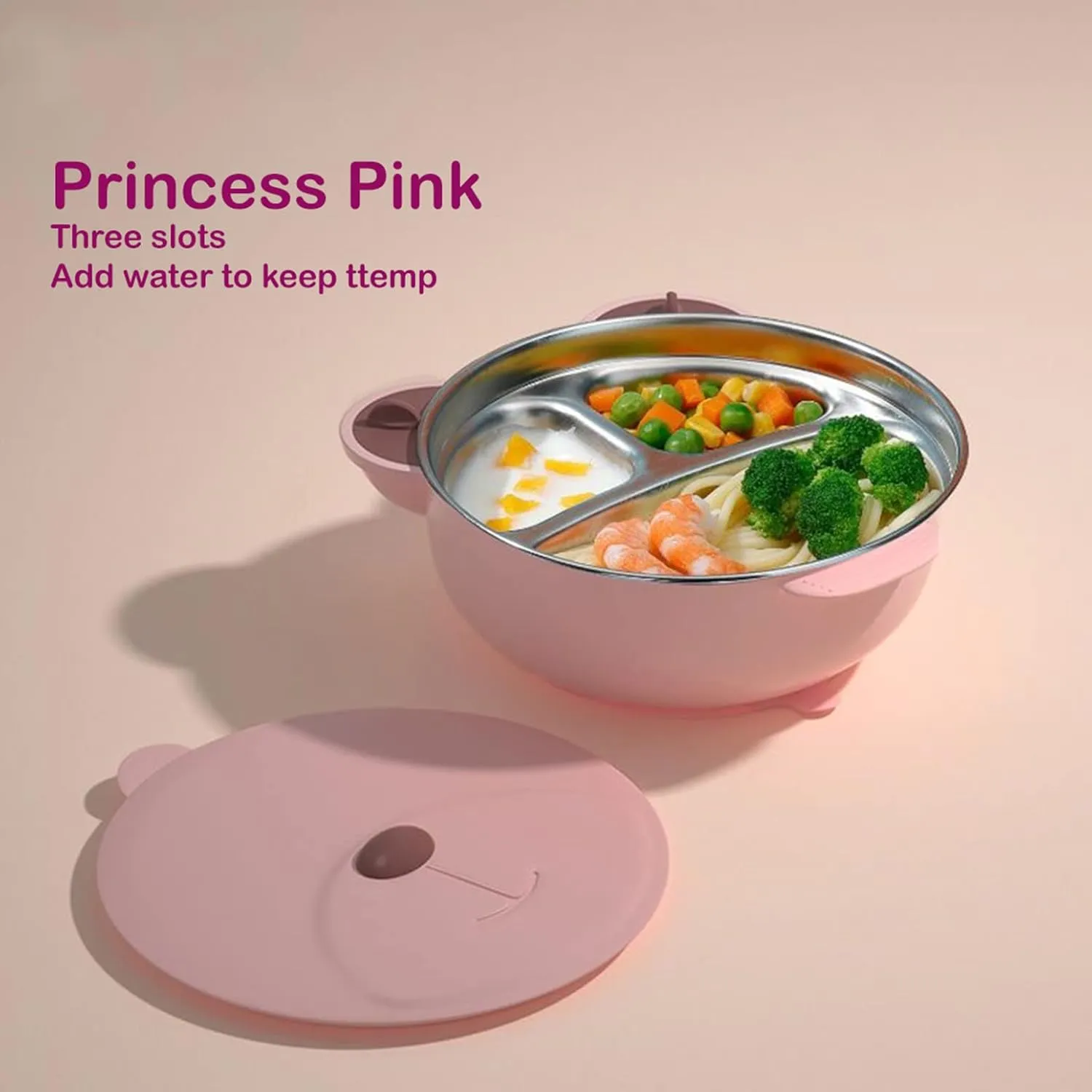 I love D&M Cute Animal Baby Toddler Food-Grade 316 Stainless Steel Bowl with Insulated Lid Strong Suction Leak-Resistant BPA Free Easy to clean (no utensil, Princess Pink)